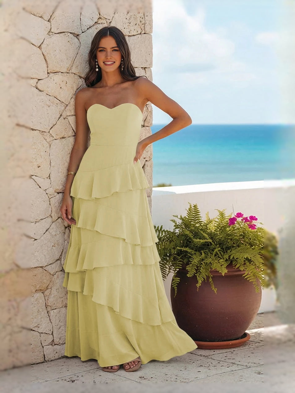 Lemon maxi bridesmaid dress, alternate view showing the full-length profile