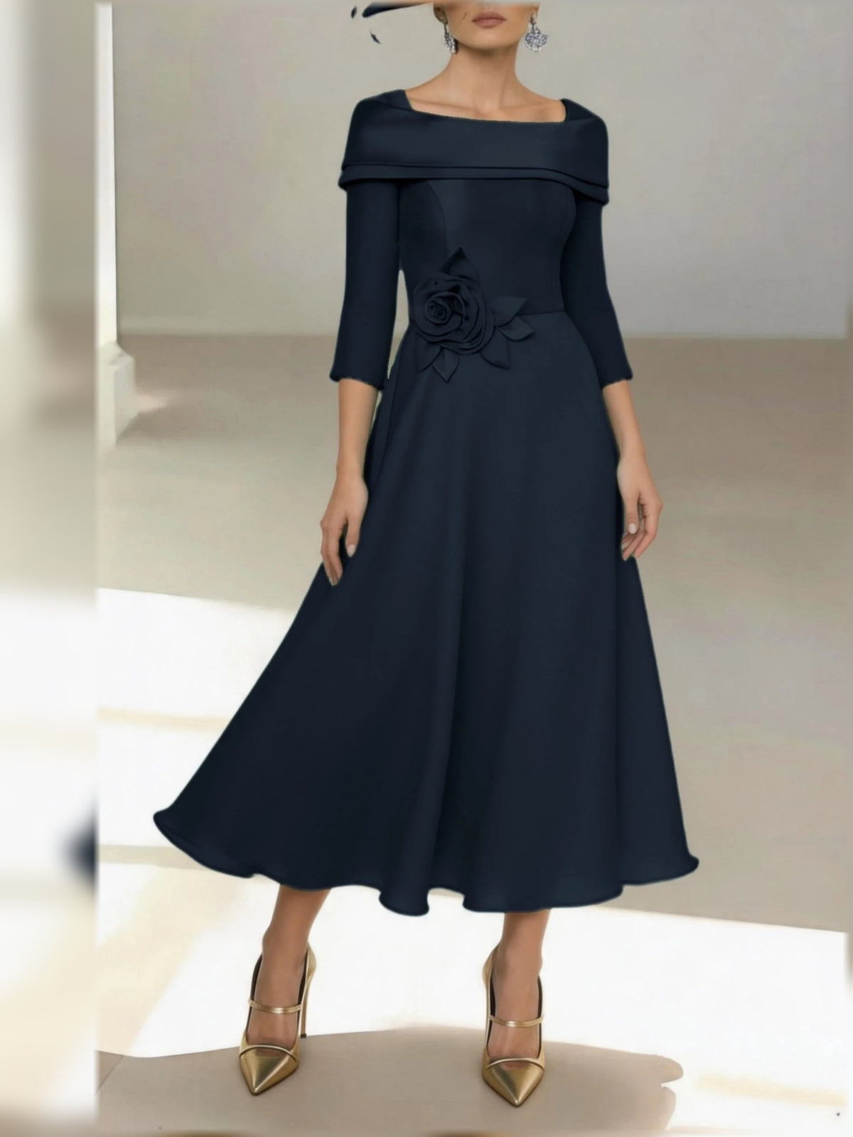 Dark Navy midi mother of the bride dress, alternate view showing the full-length profile