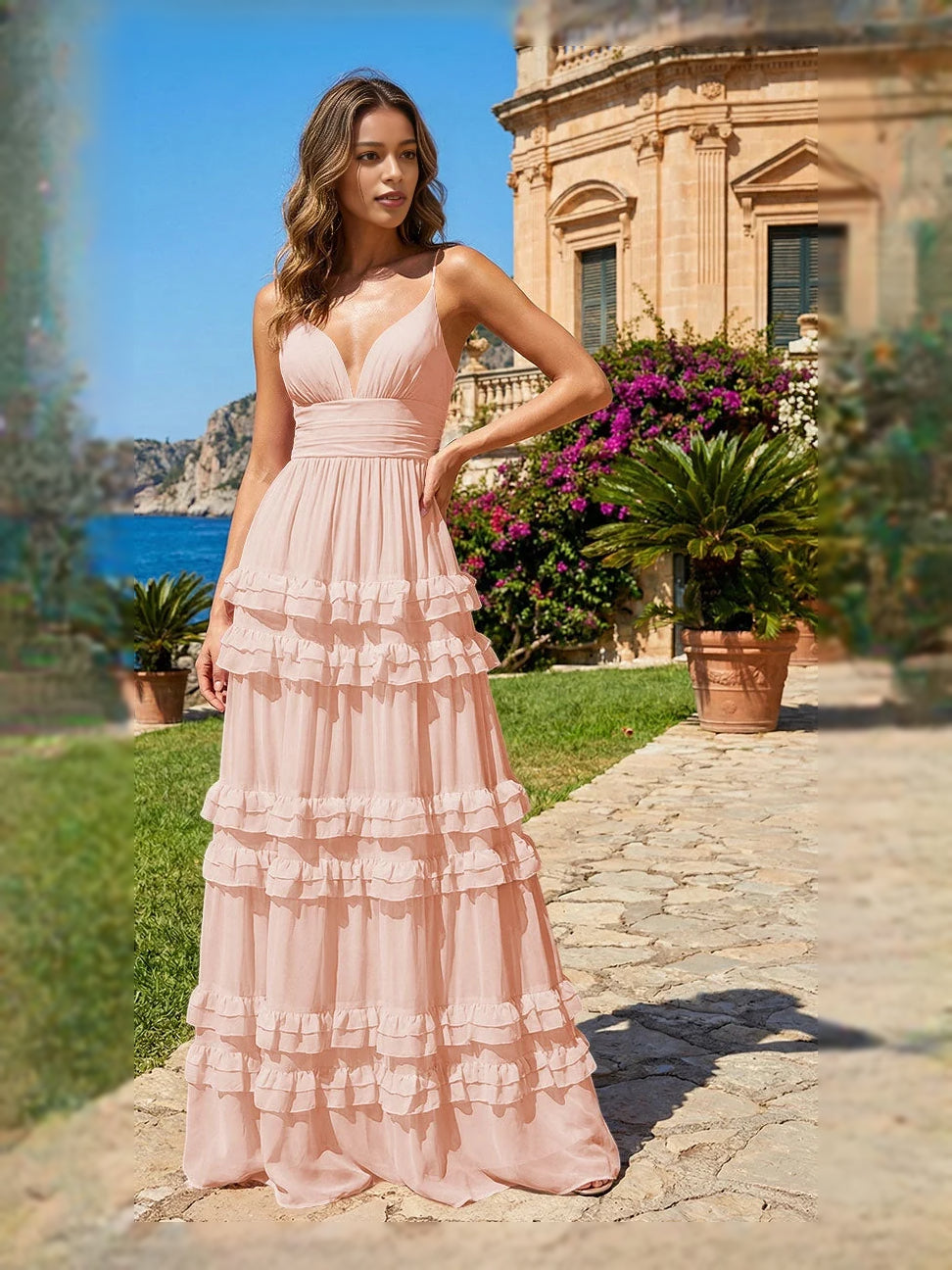 Pearl Pink maxi bridesmaid dress, alternate view showing the full-length profile