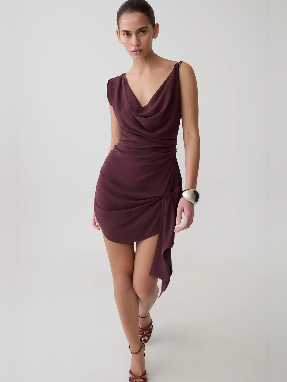 Plum mini homecoming dress, alternate view showing the full-length profile