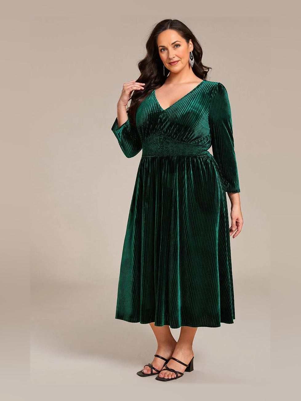 Dark Green midi mother of the bride dress, alternate view showing the full-length profile