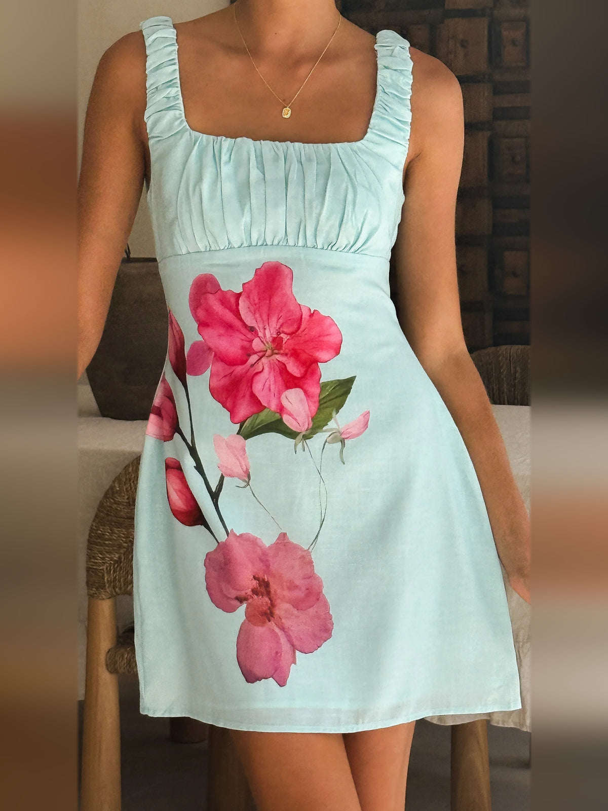 Blue Pink Floral mini homecoming dress, alternate view showing the full-length profile