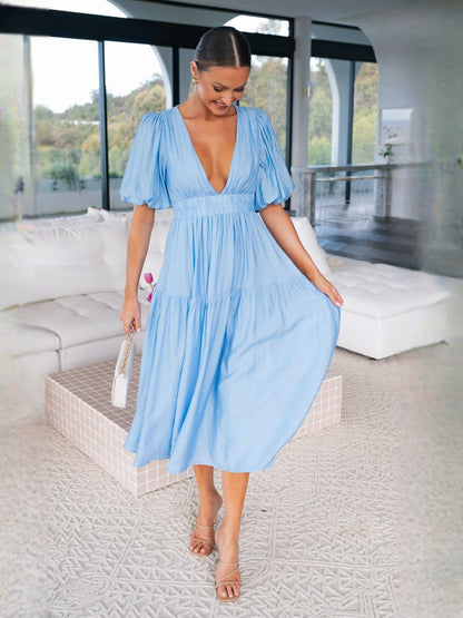 Blue midi formal dress, alternate view showing the hem