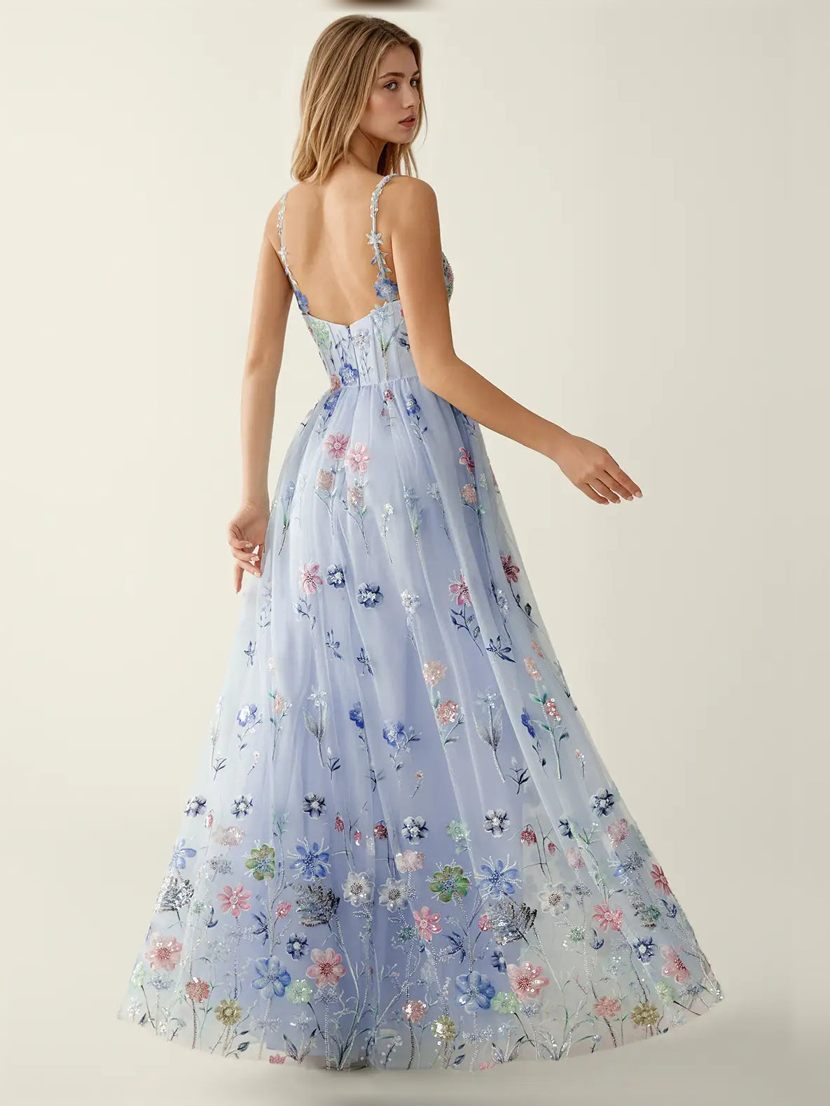 Blush Pink fit-and-flare floor-length formal dress with embroidery, alternate view showing the hem