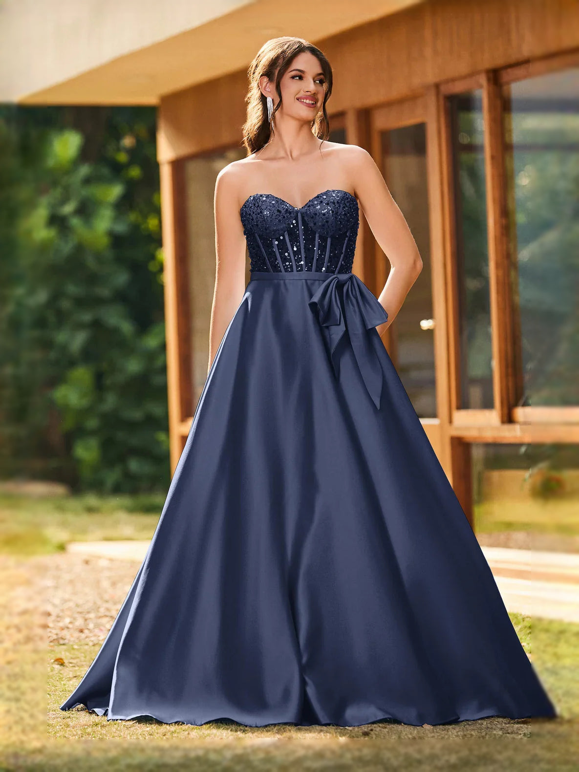 Navy Blue floor-length prom dress, alternate view showing the full-length profile