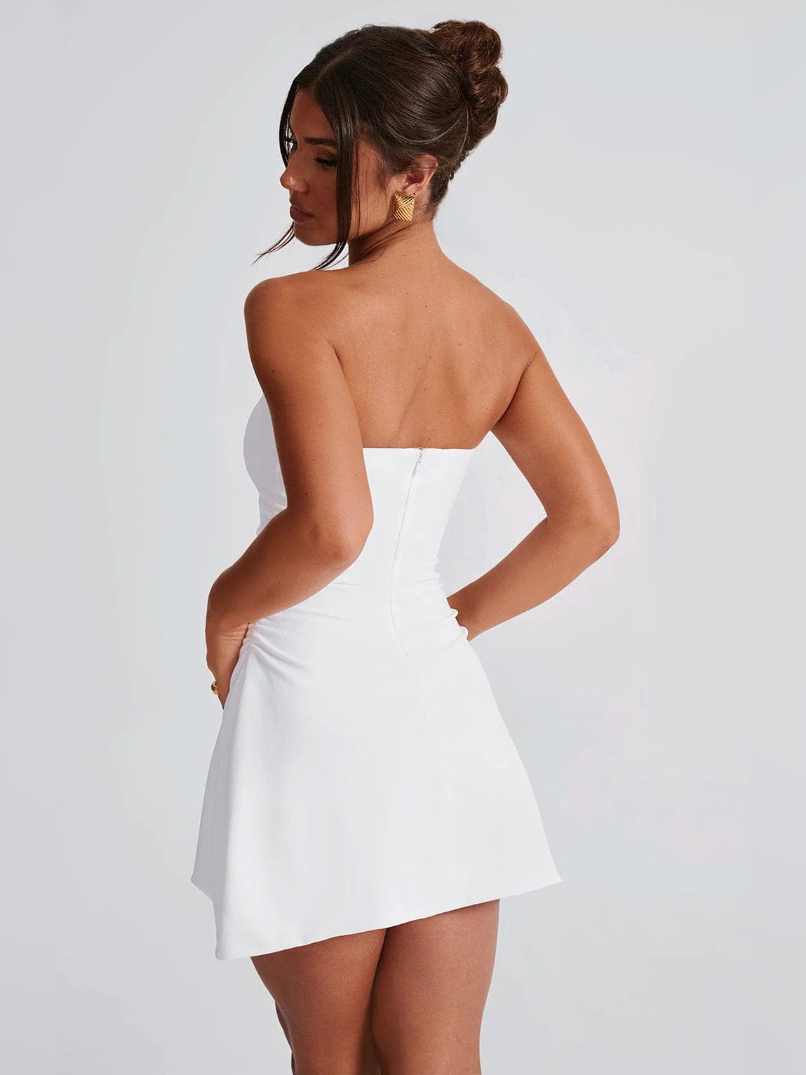 Ivory mini homecoming dress, alternate view showing the full-length profile