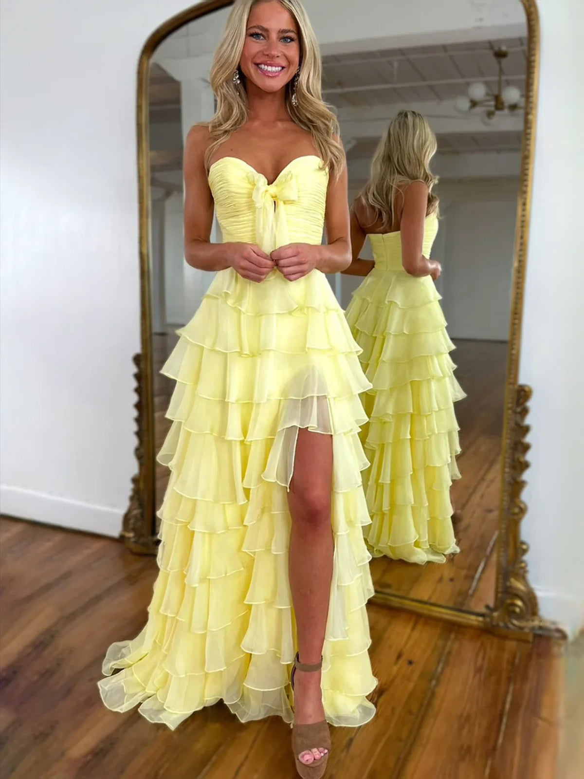 Yellow floor-length prom dress, alternate view showing the full-length profile