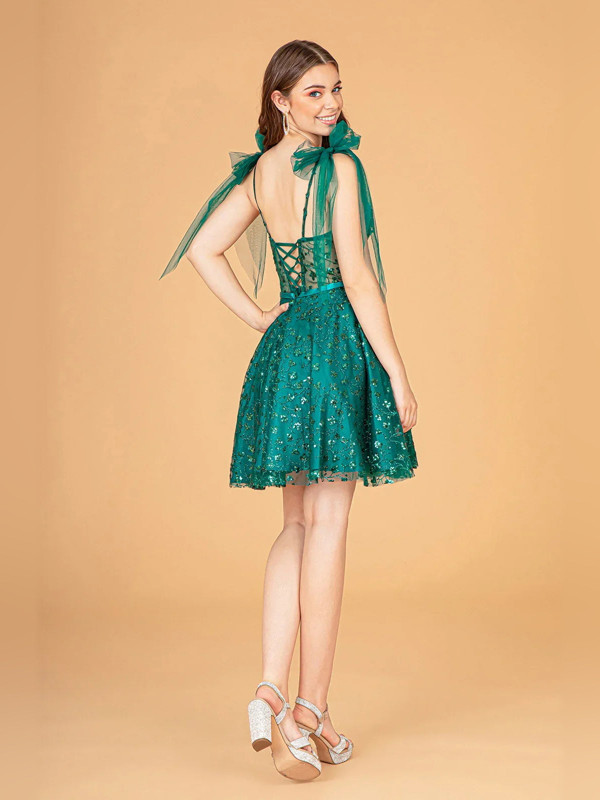 Champagne mini homecoming dress, alternate view showing the full-length profile