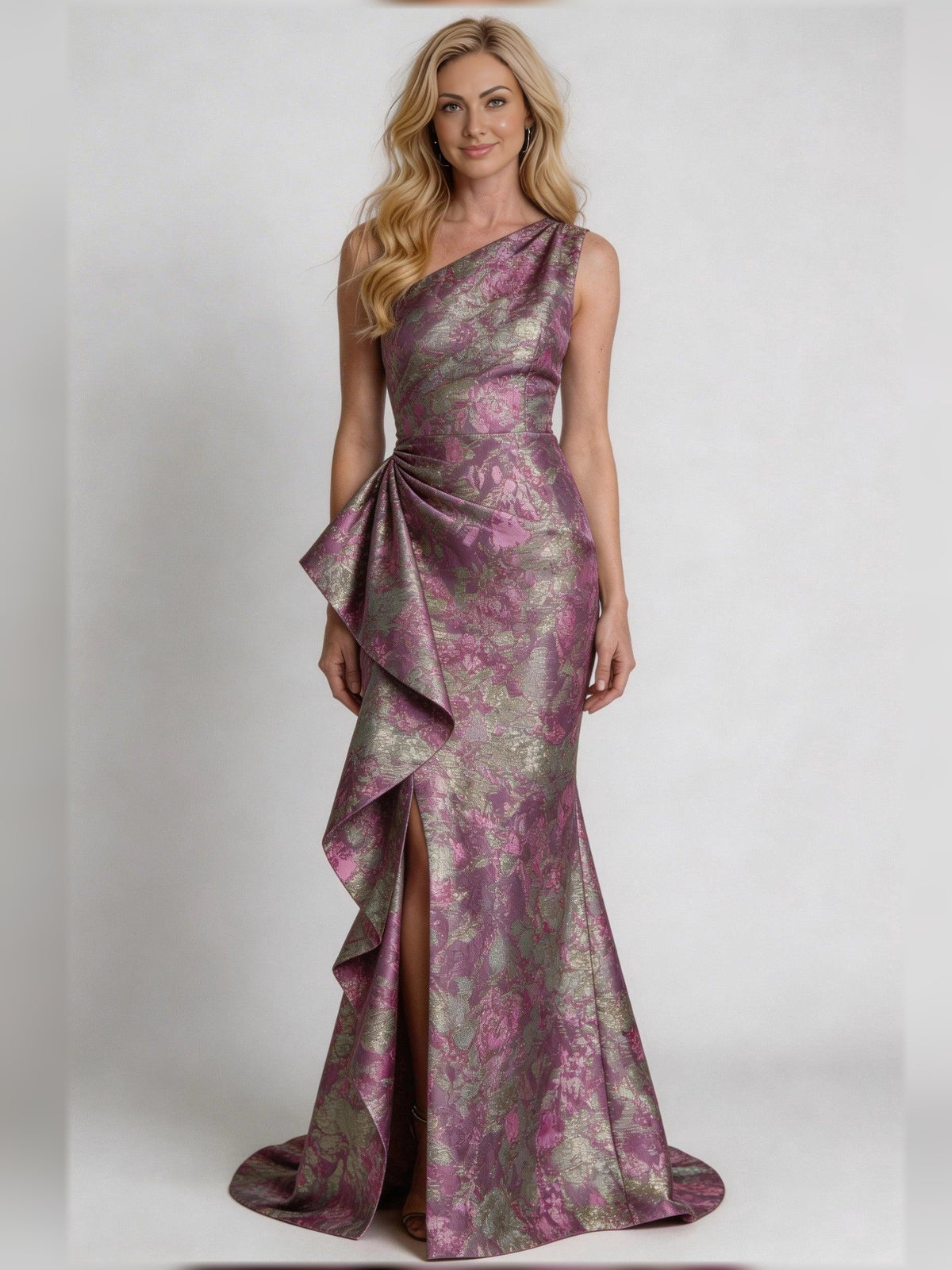 Fuchsia floor-length mother of the bride dress, alternate view showing the full-length profile