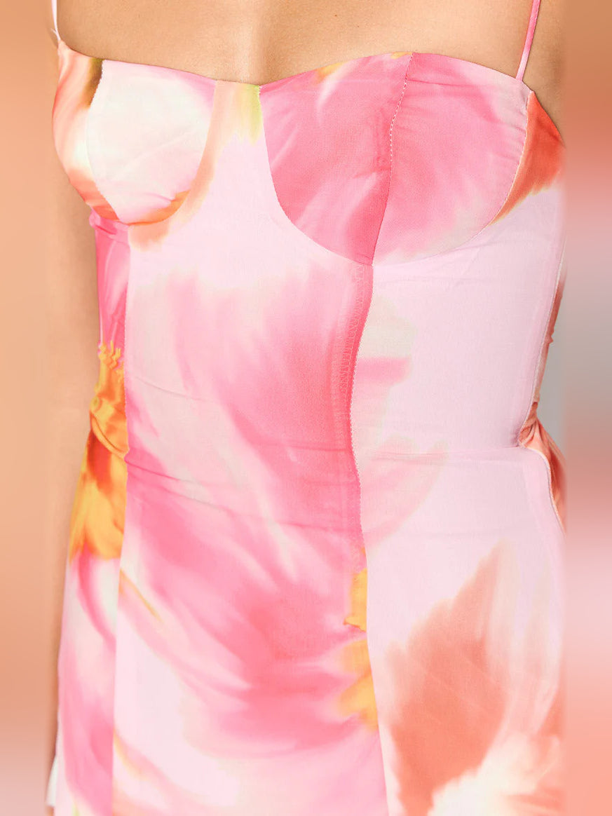 Pink Floral mini homecoming dress, alternate view showing the full-length profile