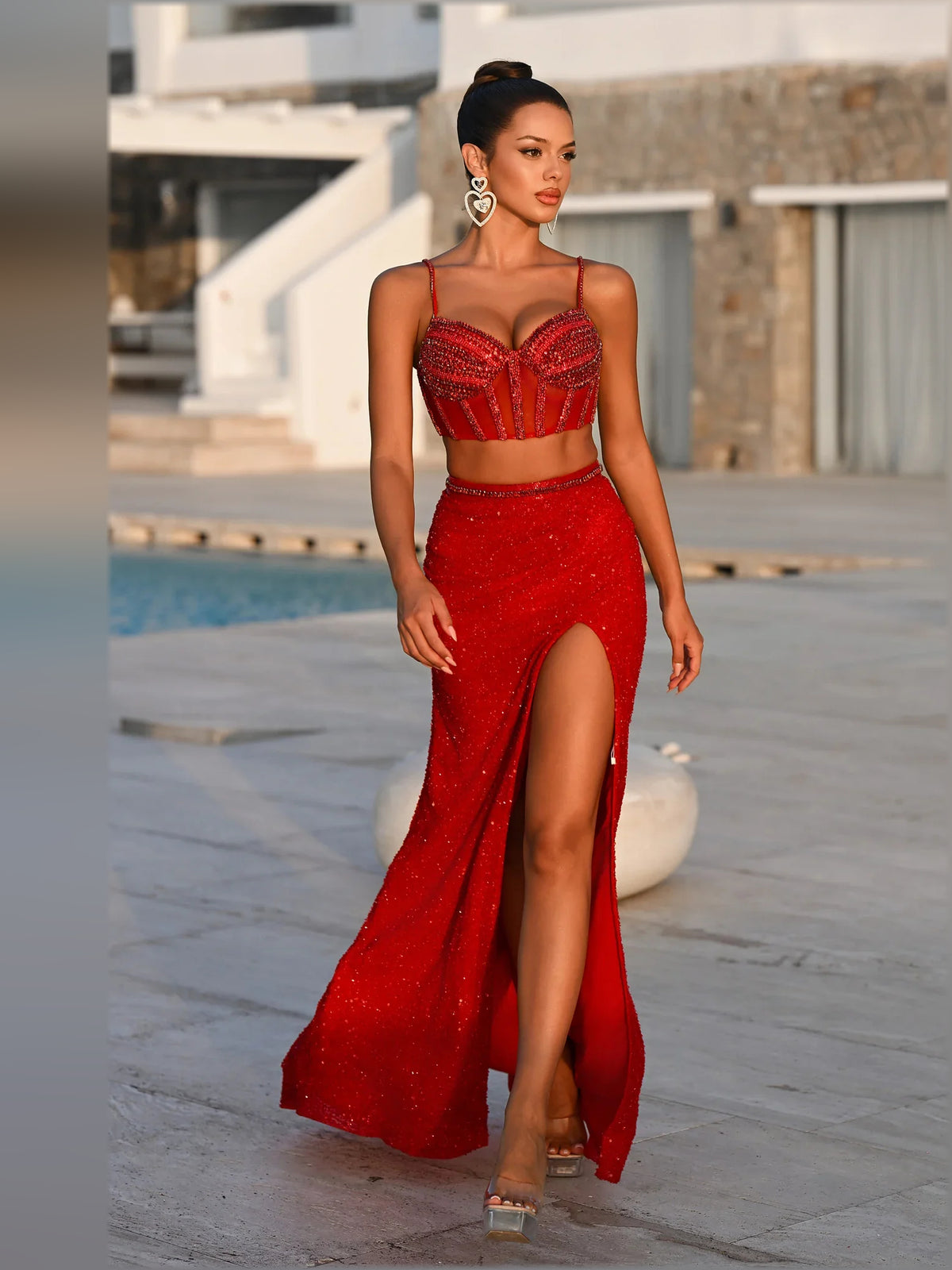 Red sheath floor-length formal dress with corset-style bodice, alternate view