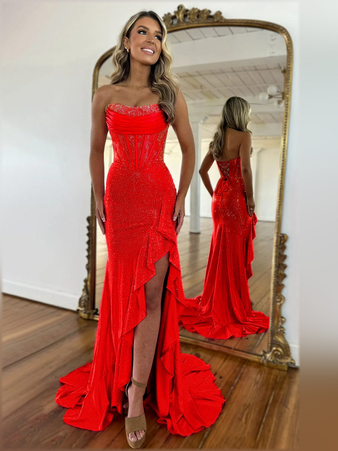 Red mermaid floor-length formal dress with sequins, alternate view