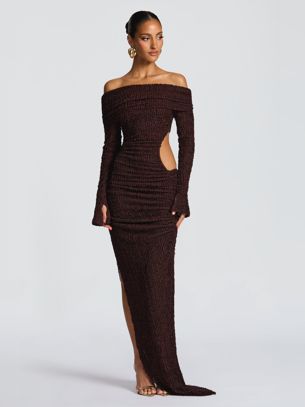 Brown midi formal dress, alternate view showing the hem