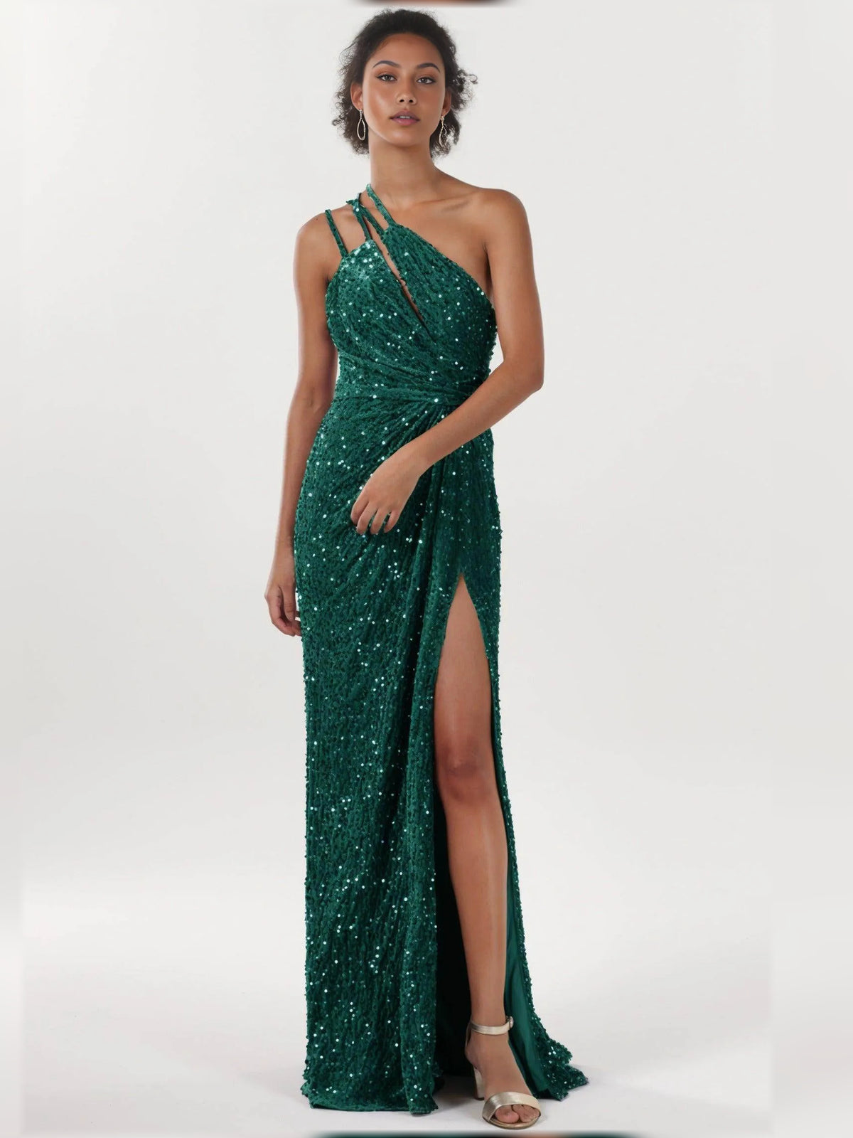 Emerald Green sheath floor-length formal dress with ruching, alternate view