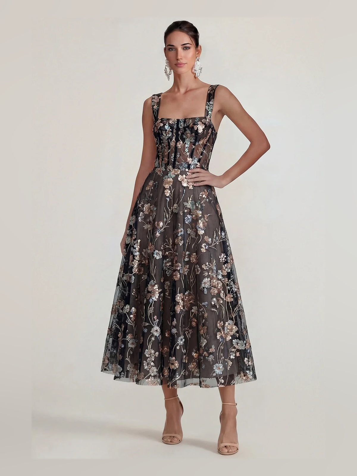 Black midi prom dress, alternate view showing the full-length profile