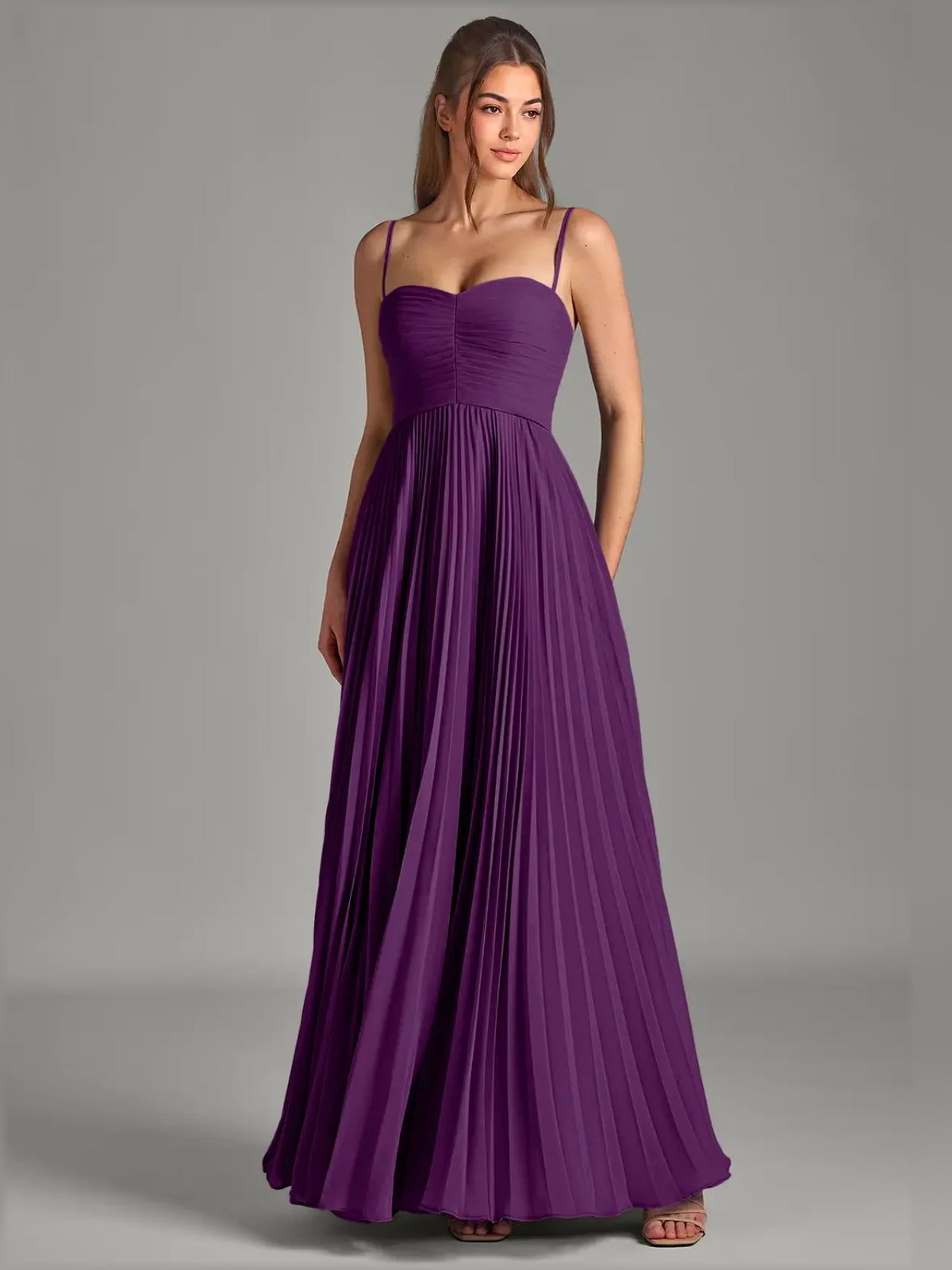 Grape a-line floor-length formal dress with pleated skirt, alternate view