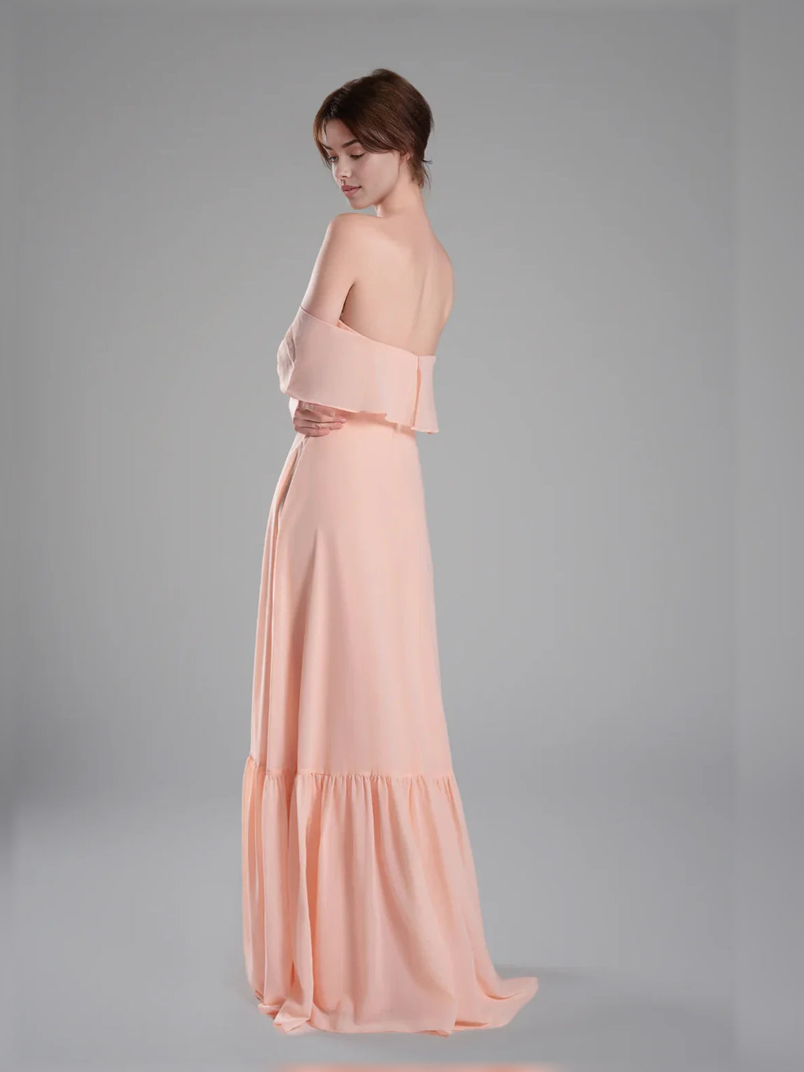 Apricot floor-length bridesmaid dress, alternate view showing the full-length profile