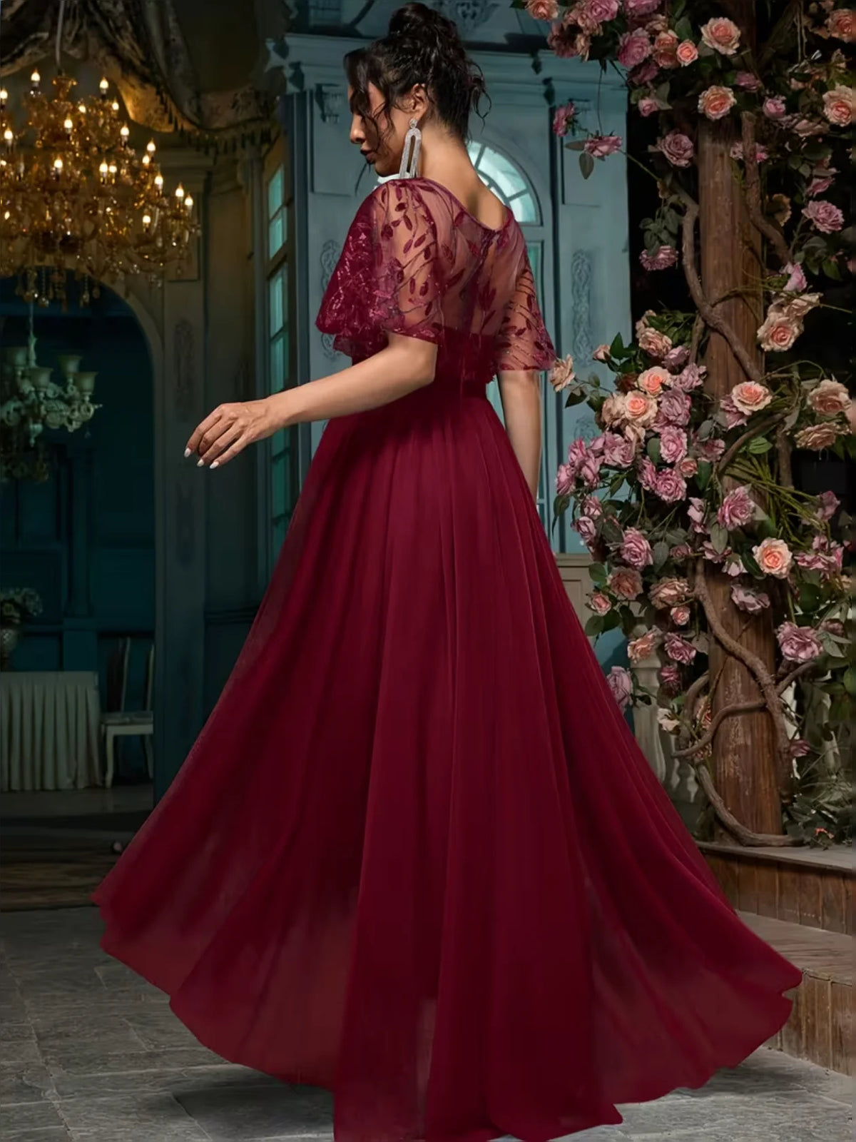 Slate Blue maxi prom dress, alternate view showing the full-length profile