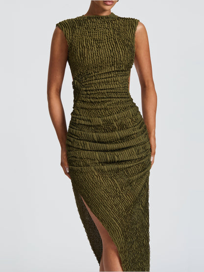 Khaki midi formal dress, alternate view showing the hem