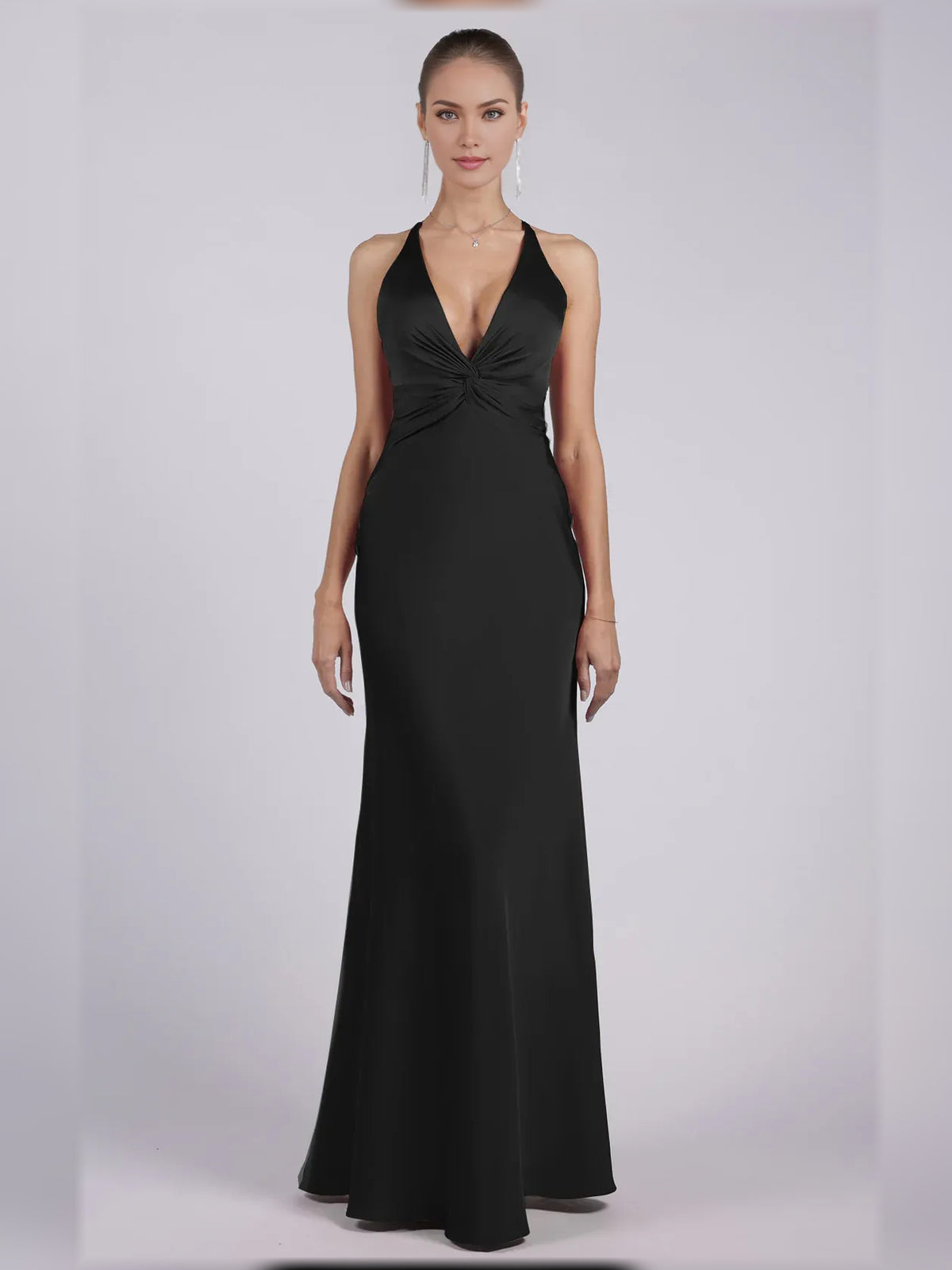 Black sheath floor-length formal dress with halter neckline, alternate view