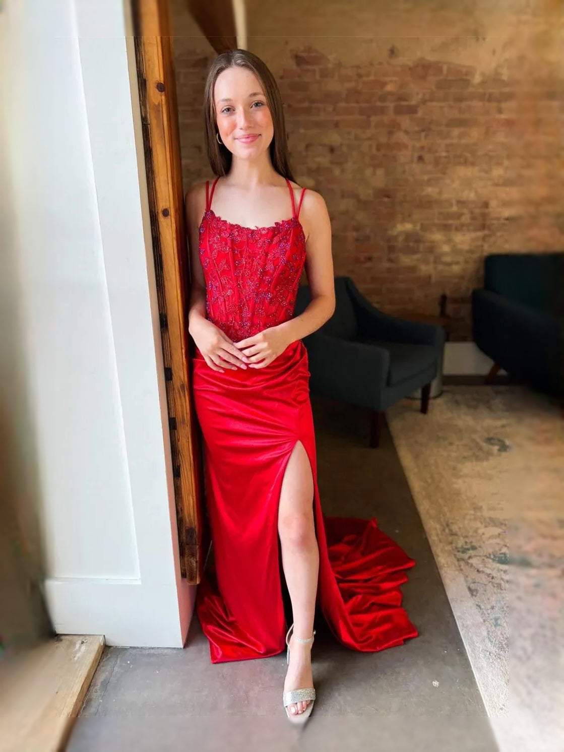 Red maxi prom dress, alternate view showing the full-length profile
