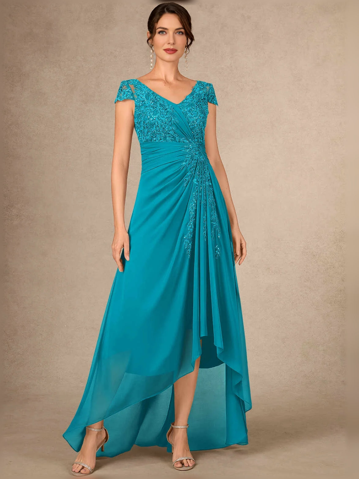 Jade high-low mother of the bride dress, alternate view showing the full-length profile
