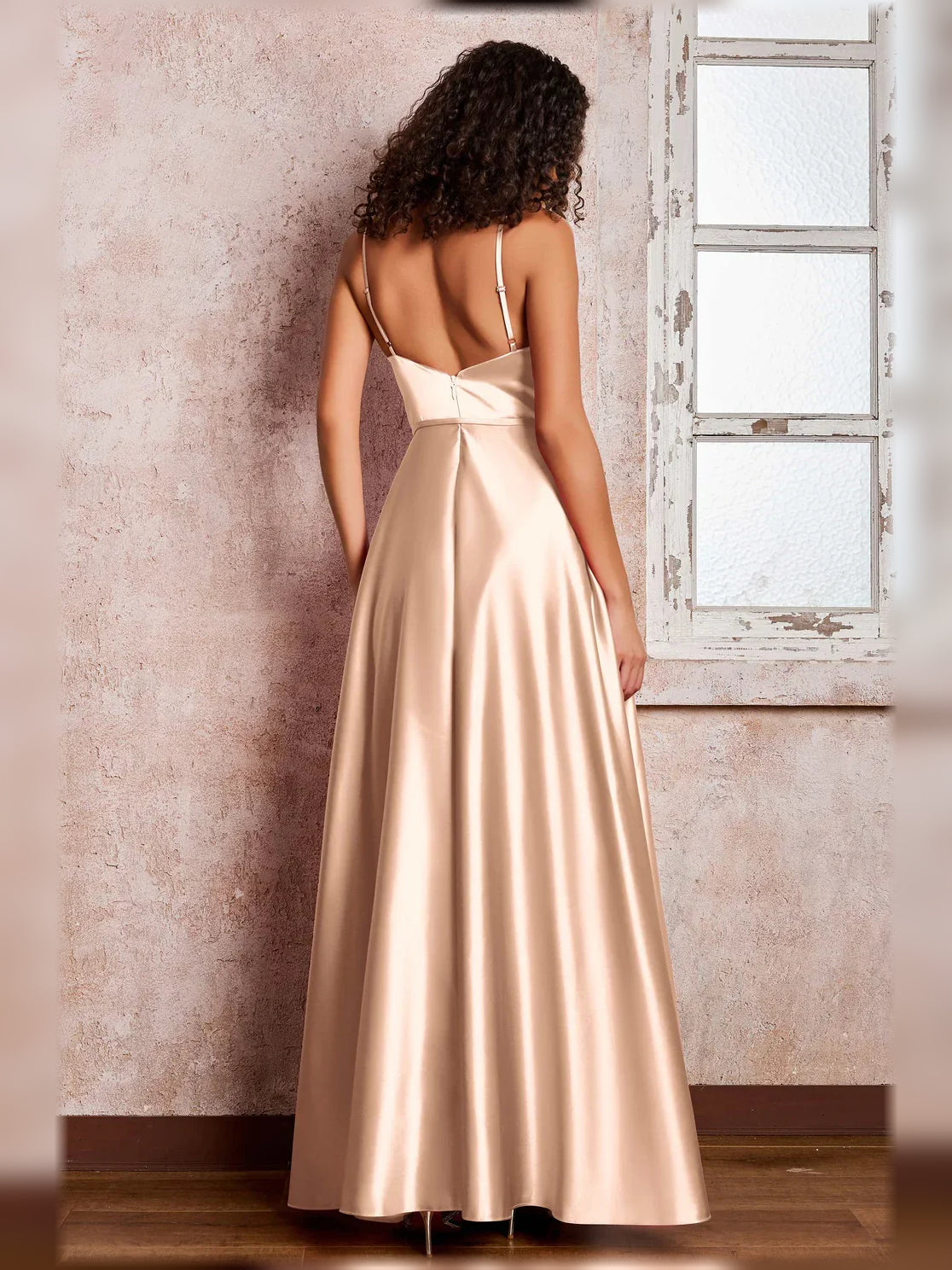 Watermelon a-line floor-length formal dress with ruching, alternate view showing the hem