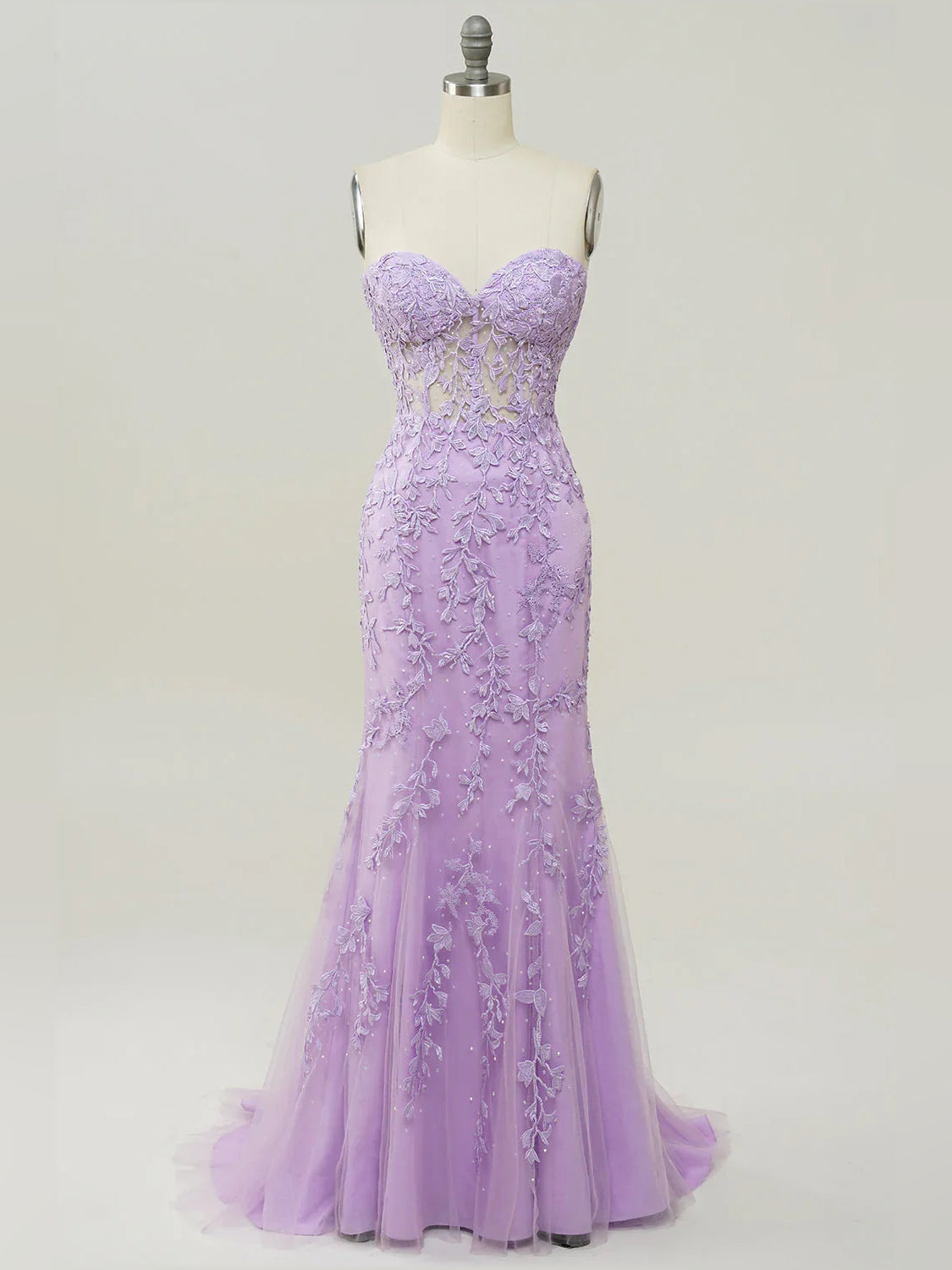 Lilac floor-length prom dress, back view showing the rear of the dress showing the garment from a different position