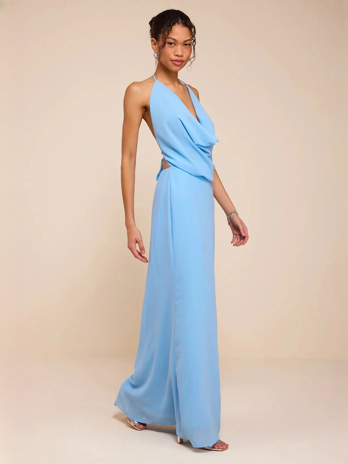 Blue maxi bridesmaid dress, alternate view showing the full-length profile