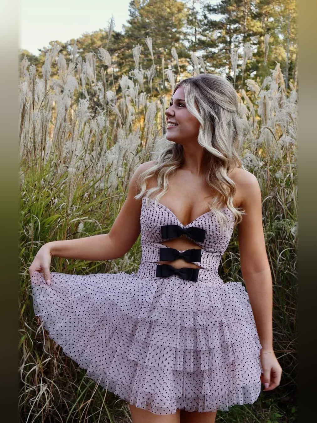 Pink mini homecoming dress, alternate view showing the full-length profile