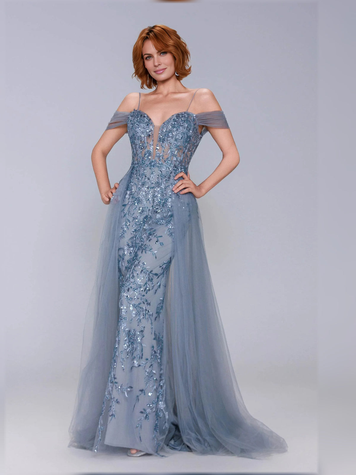 Dusty Blue mermaid floor-length formal dress with corset-style bodice, alternate view showing the hem