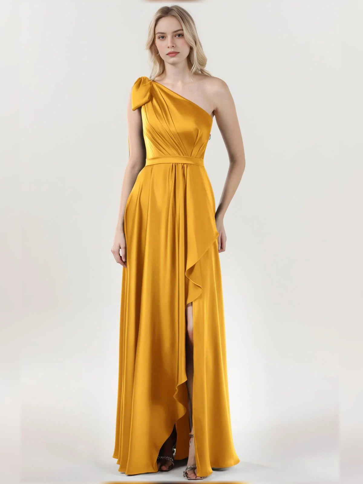 Marigold a-line floor-length formal dress with bow detail, alternate view