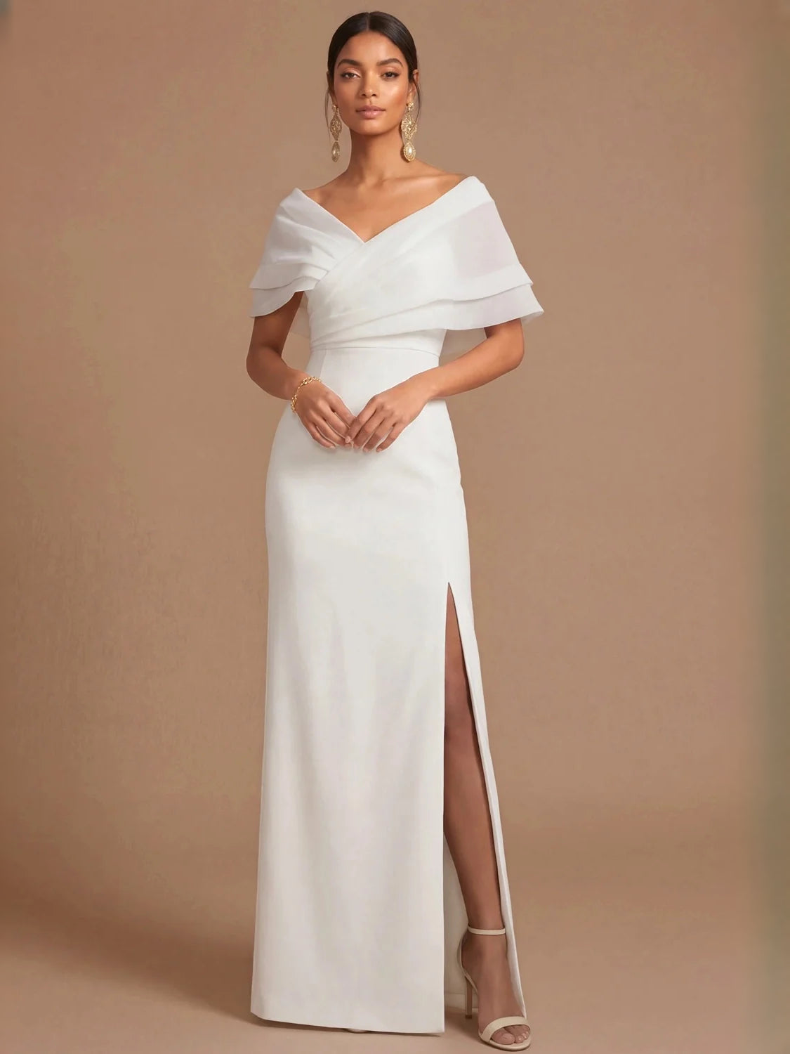 White maxi bridesmaid dress, alternate view showing the full-length profile