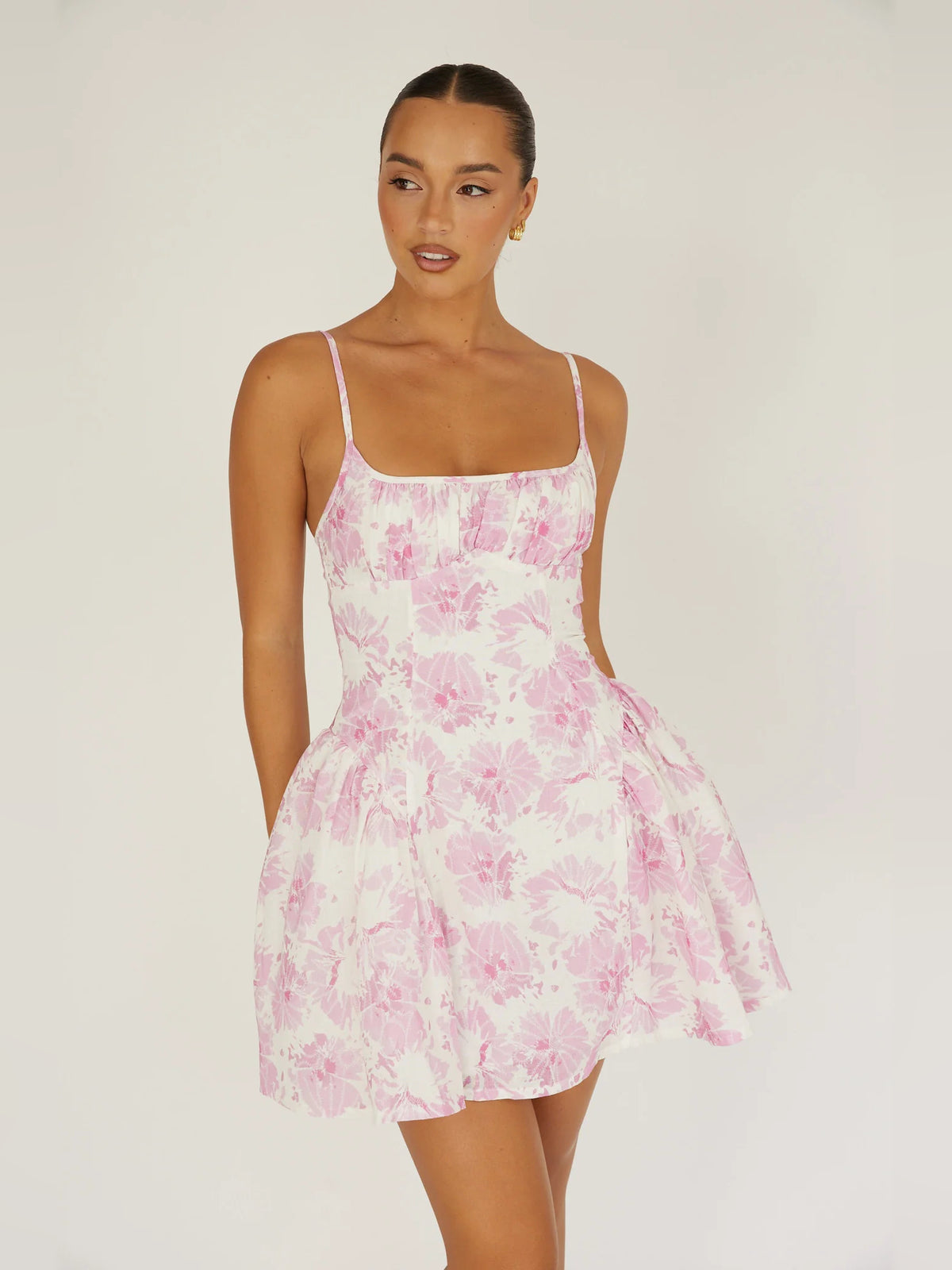 Pink mini homecoming dress, alternate view showing the full-length profile