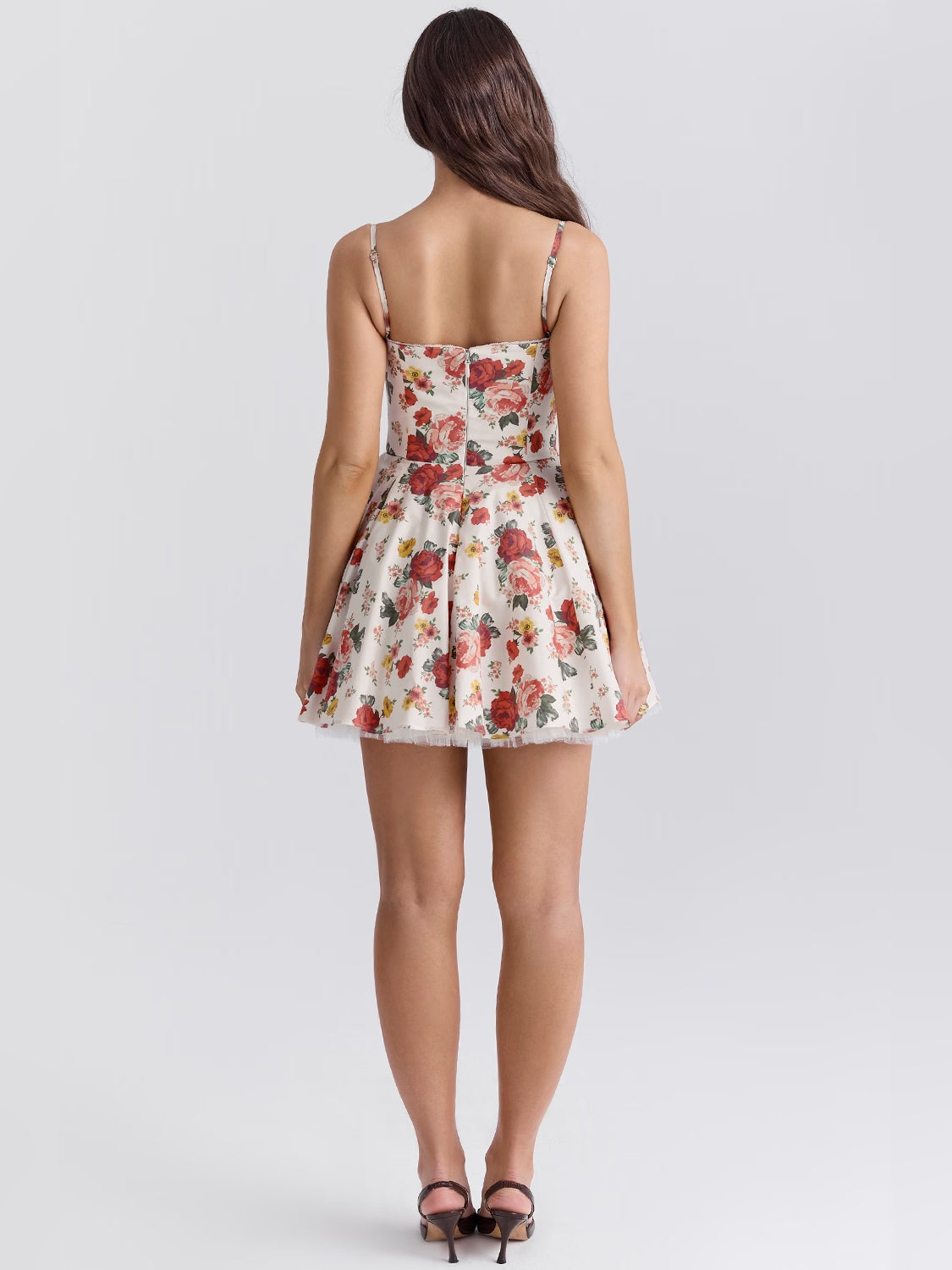 Print mini homecoming dress, alternate view showing the full-length profile
