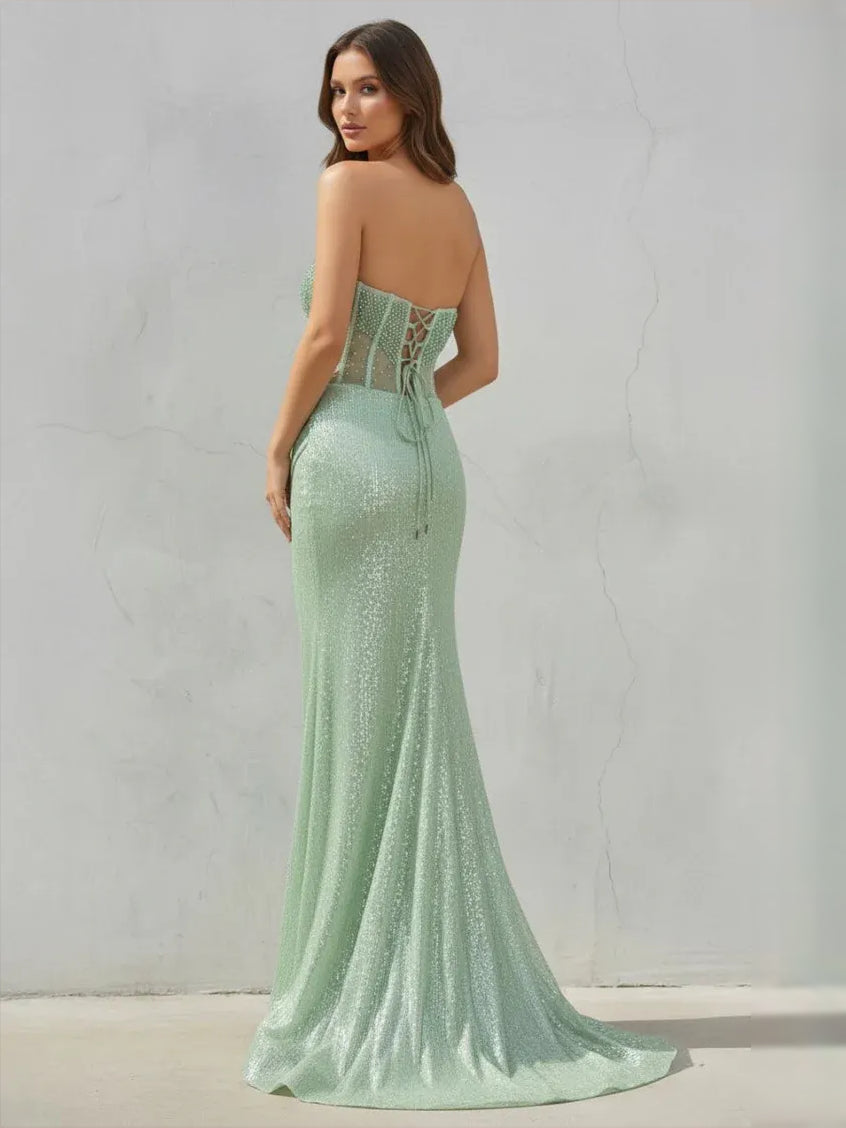 Champagne floor-length prom dress, alternate view showing the full-length profile