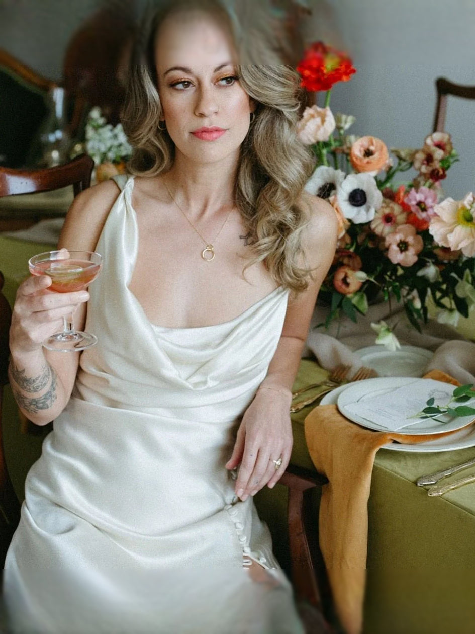 Ivory maxi bridesmaid dress, alternate view showing the full-length profile