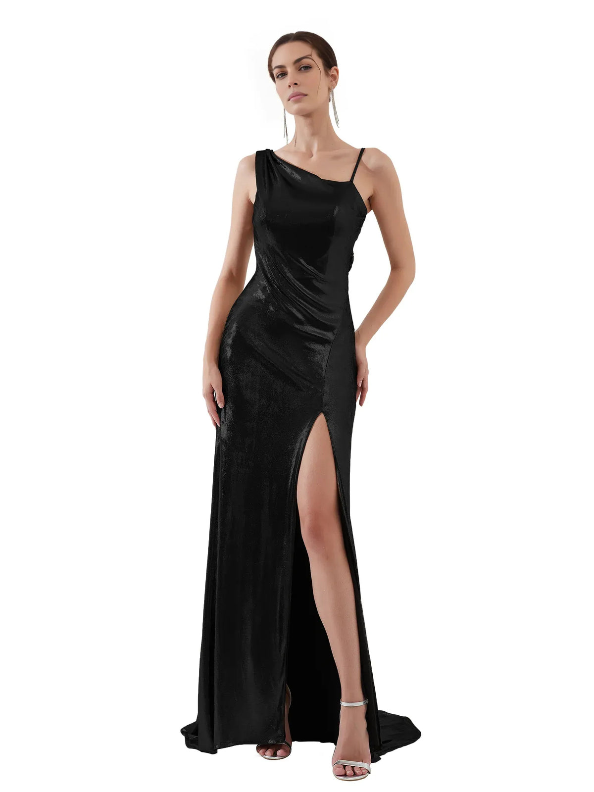 Black mermaid floor-length formal dress with draping, alternate view