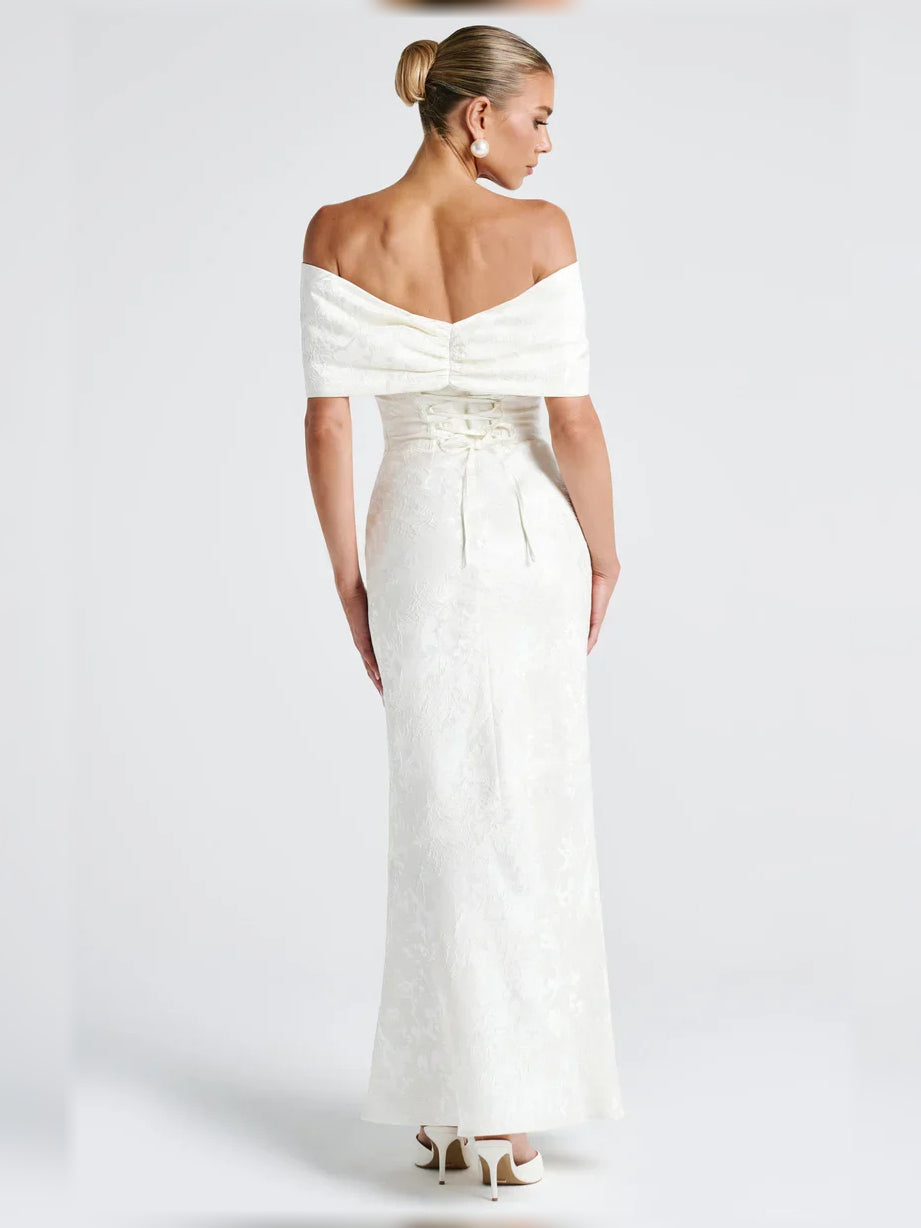 Peach mermaid floor-length formal dress with corset-style bodice, alternate view showing the hem