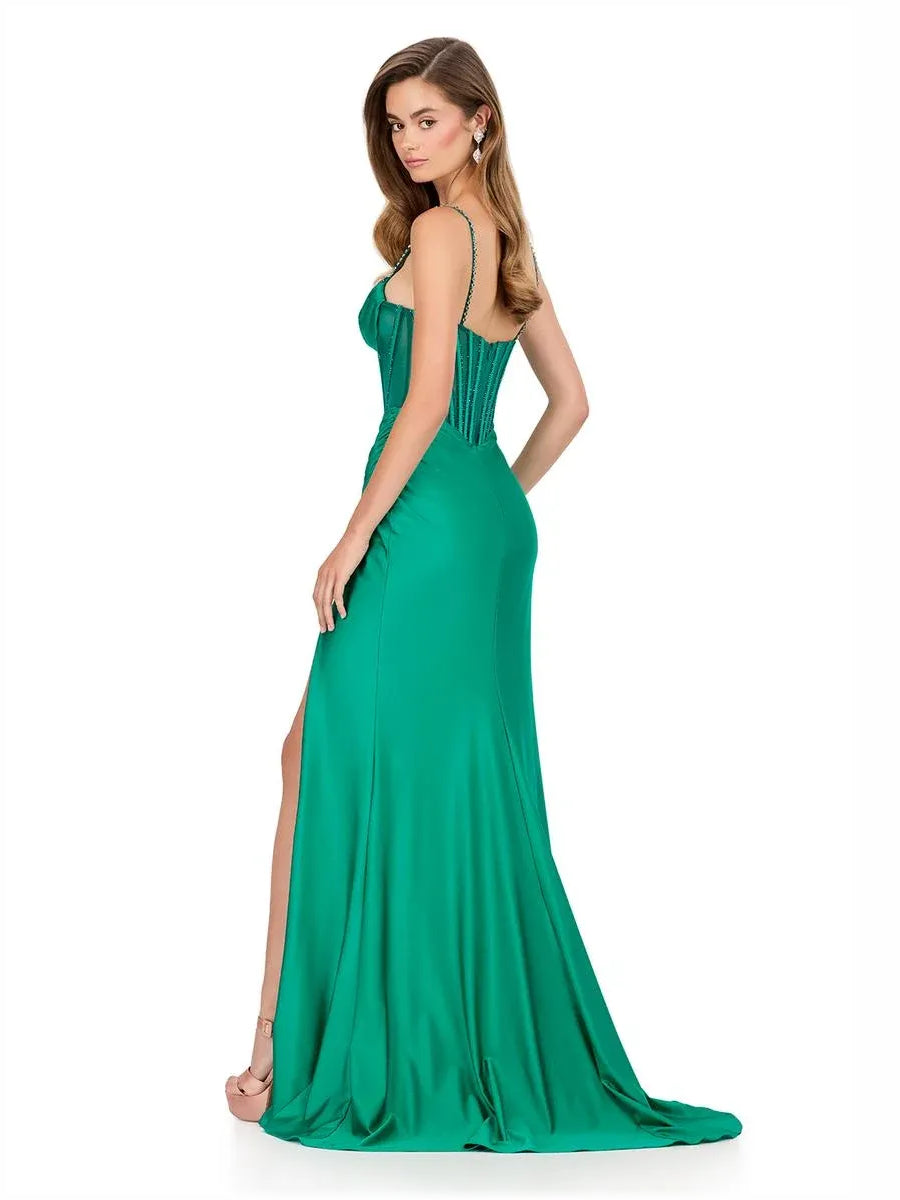 Dusty Sage mermaid floor-length formal dress with beading, alternate view showing the hem