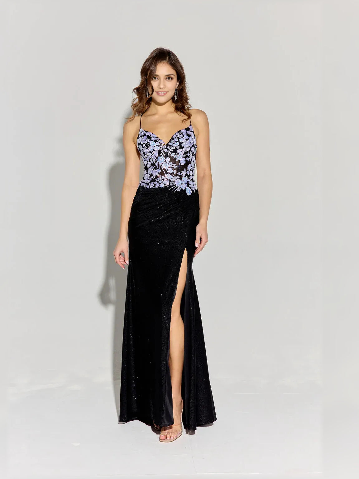 Black mermaid floor-length formal dress with ruching, alternate view