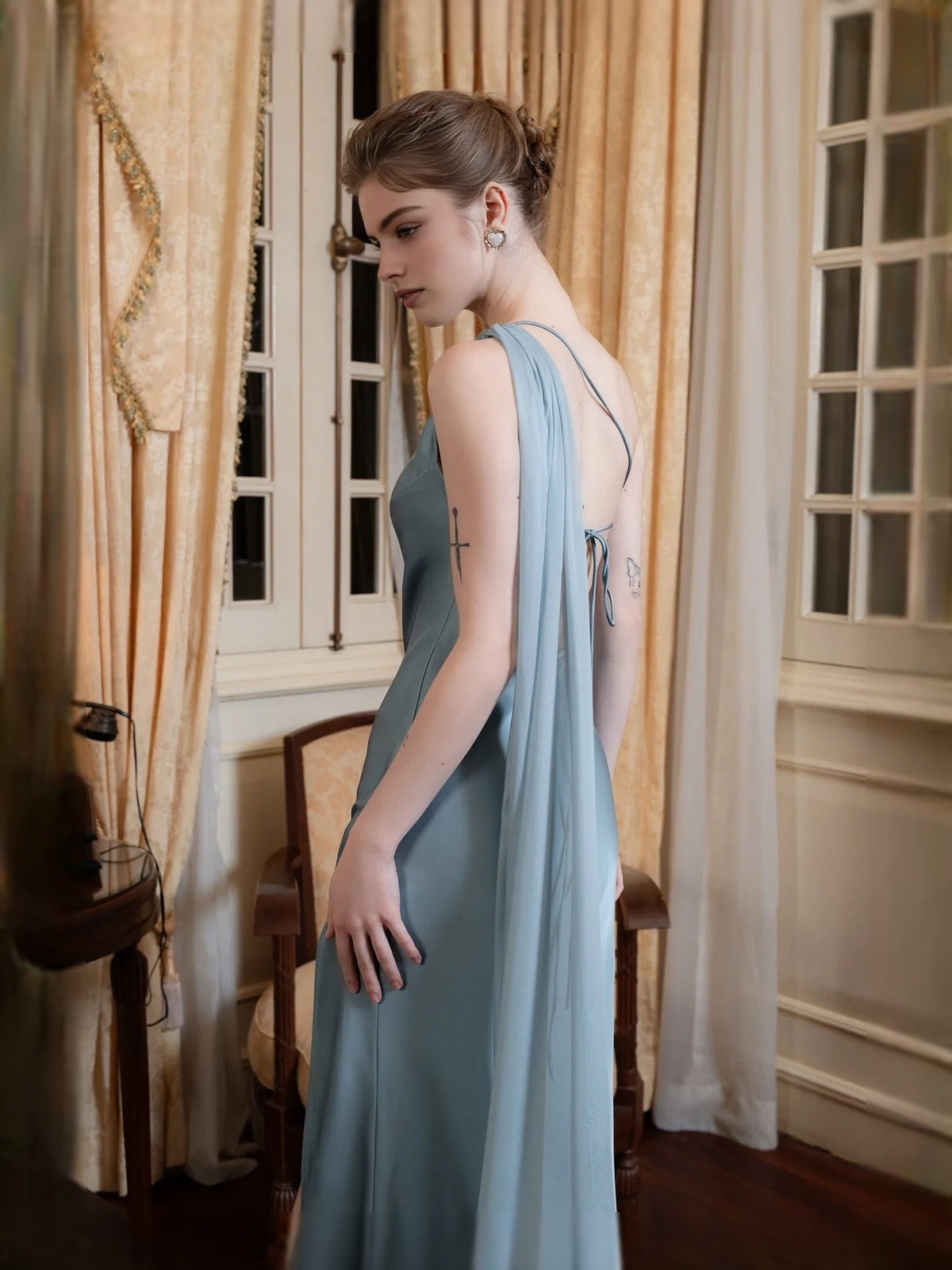 Ivory white maxi prom dress, alternate view showing the full-length profile