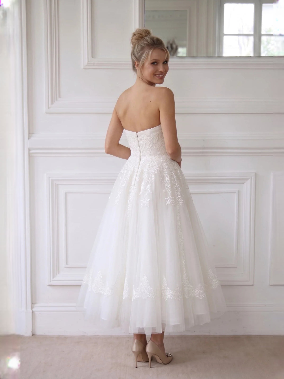 Ivory short wedding dress, alternate view showing the full-length profile