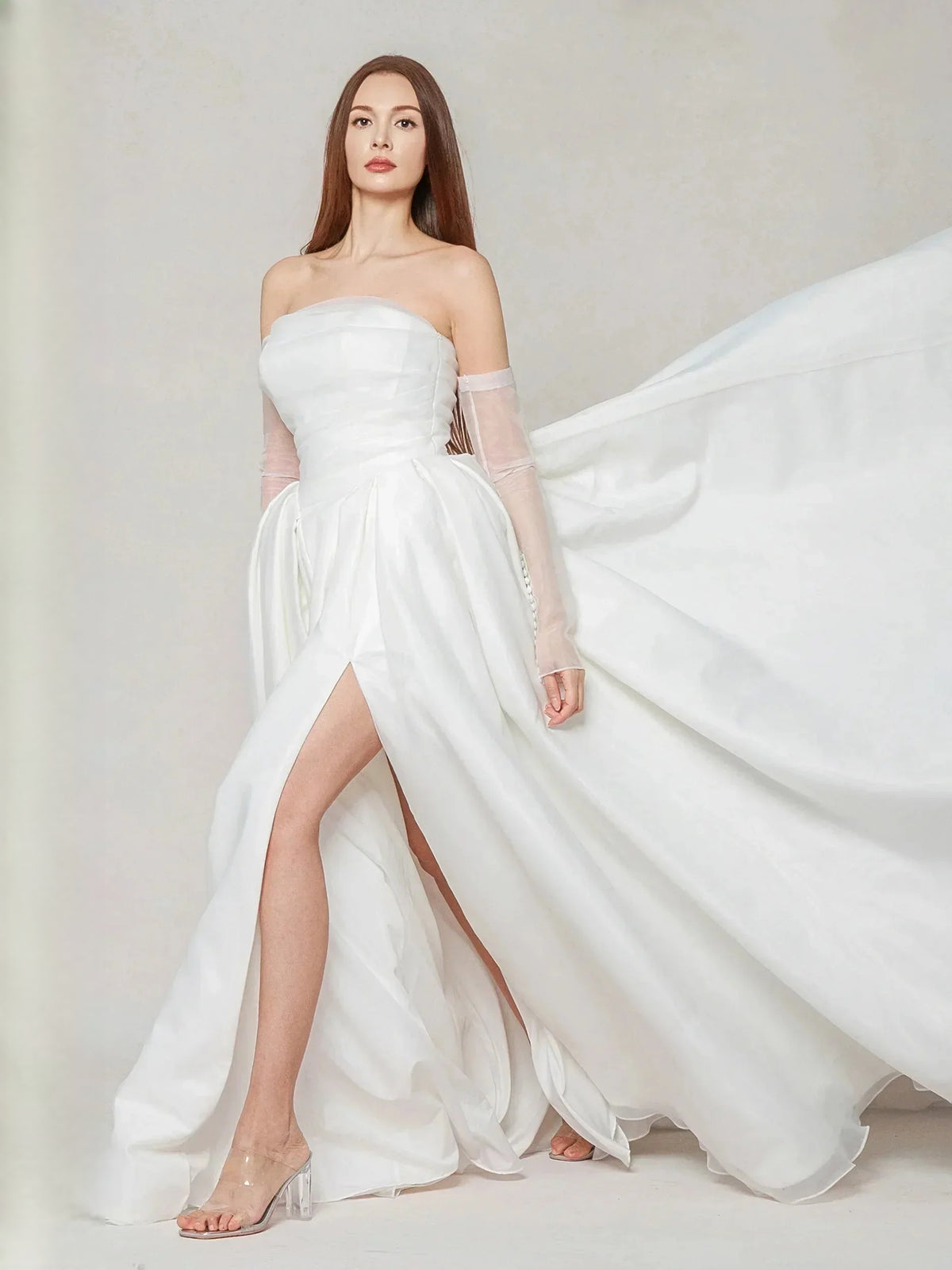 Ivory floor-length wedding dress, alternate view showing the full-length profile