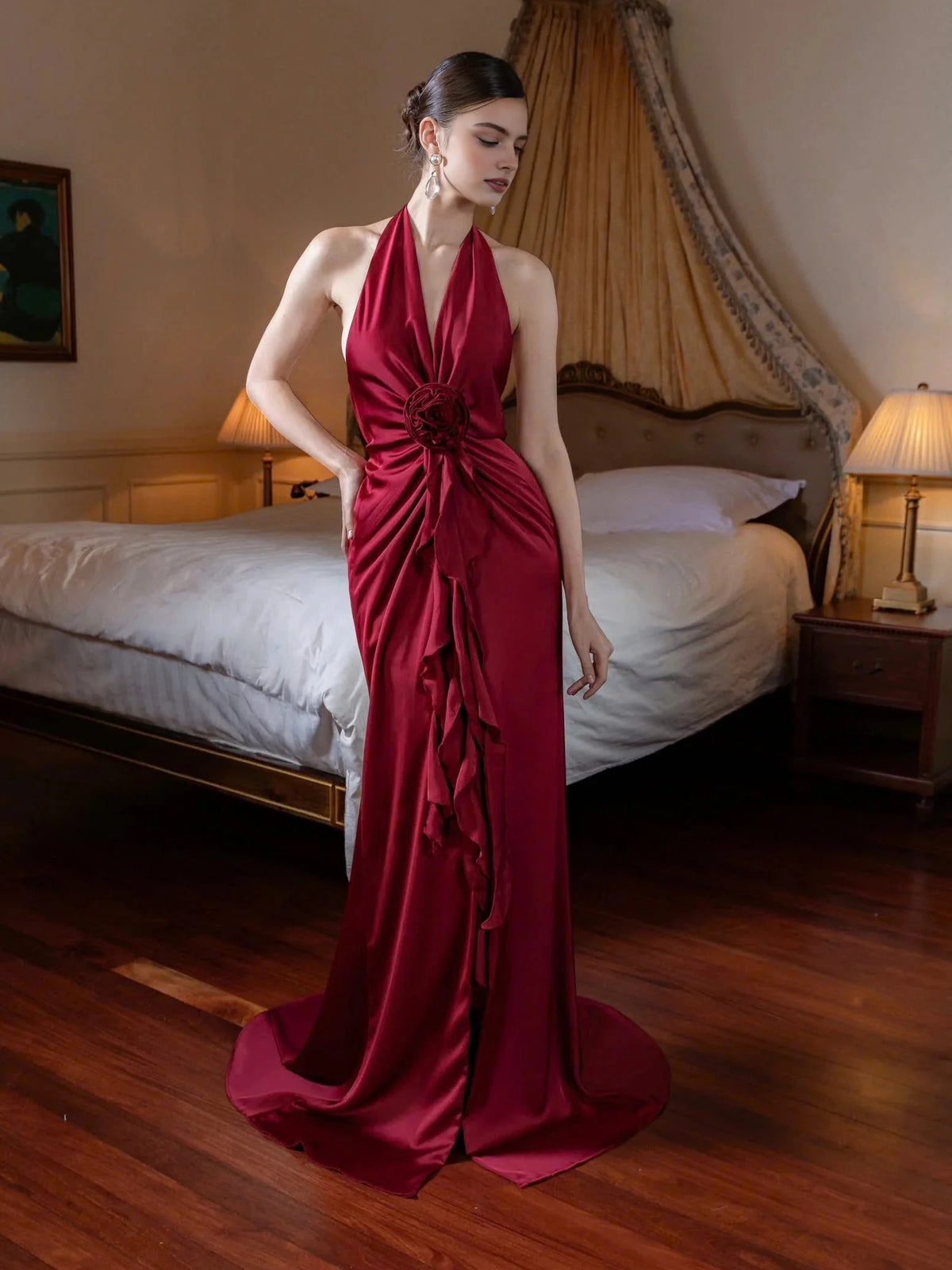 Deep Red maxi prom dress, alternate view showing the full-length profile