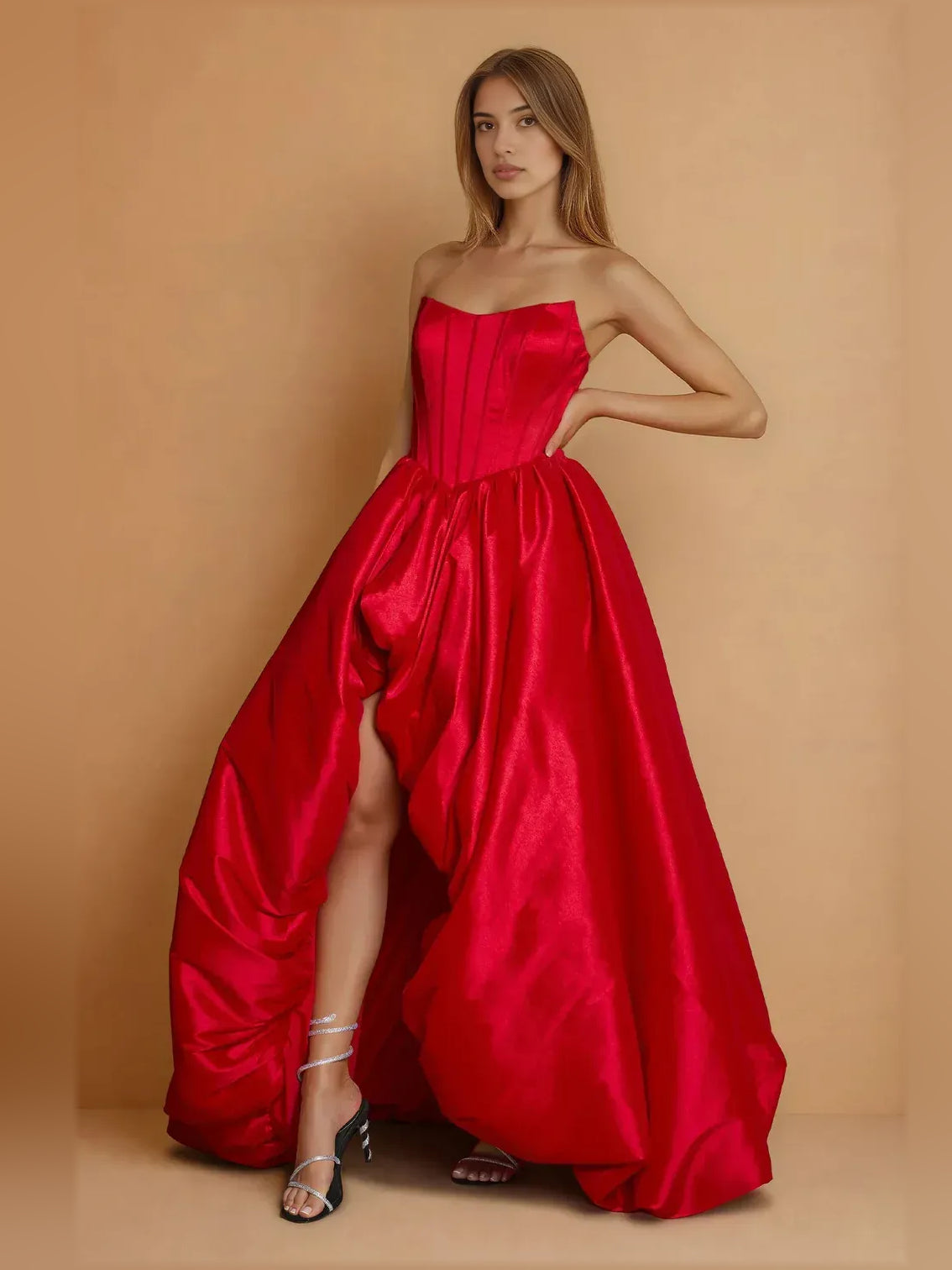 Red a-line floor-length formal dress with corset-style bodice, alternate view