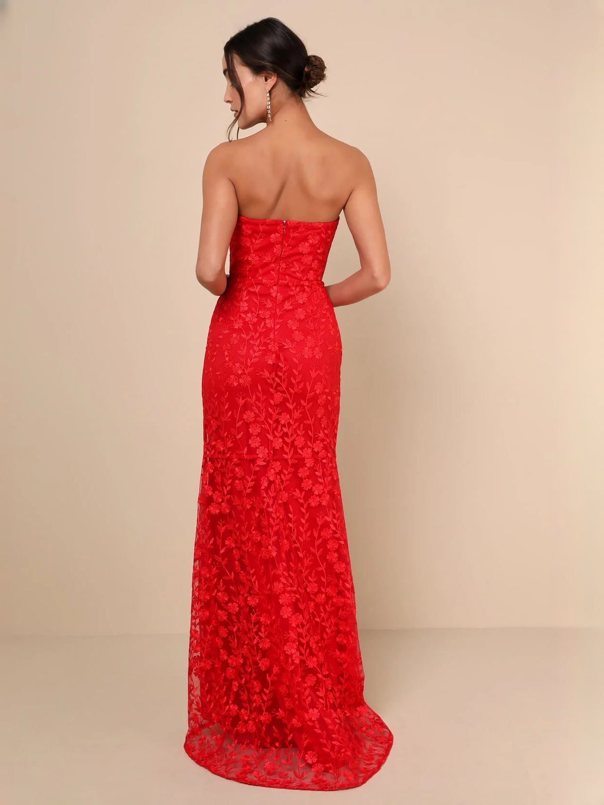 Red maxi prom dress, alternate view showing the full-length profile