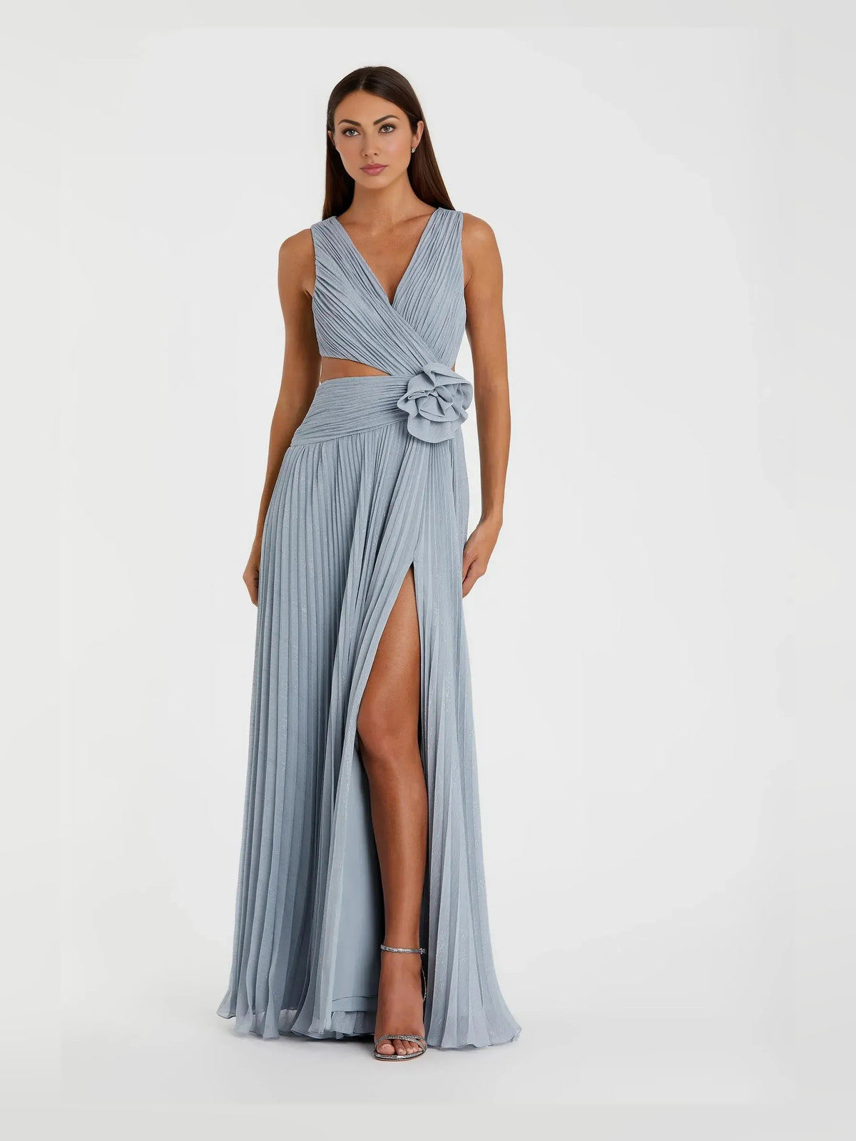Dusty Blue maxi prom dress, alternate view showing the full-length profile