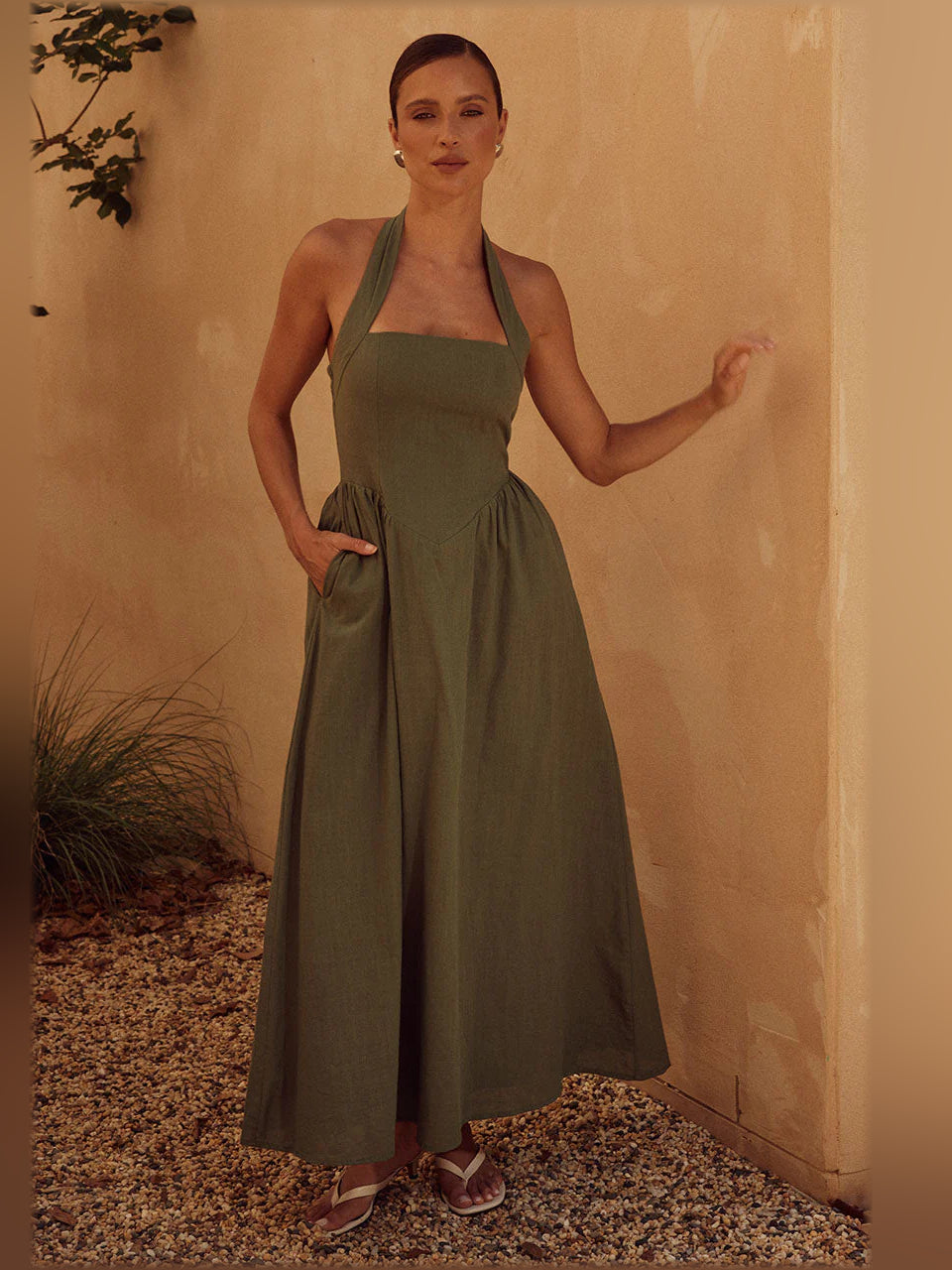 Khaki a-line midi formal dress with halter neckline, alternate view