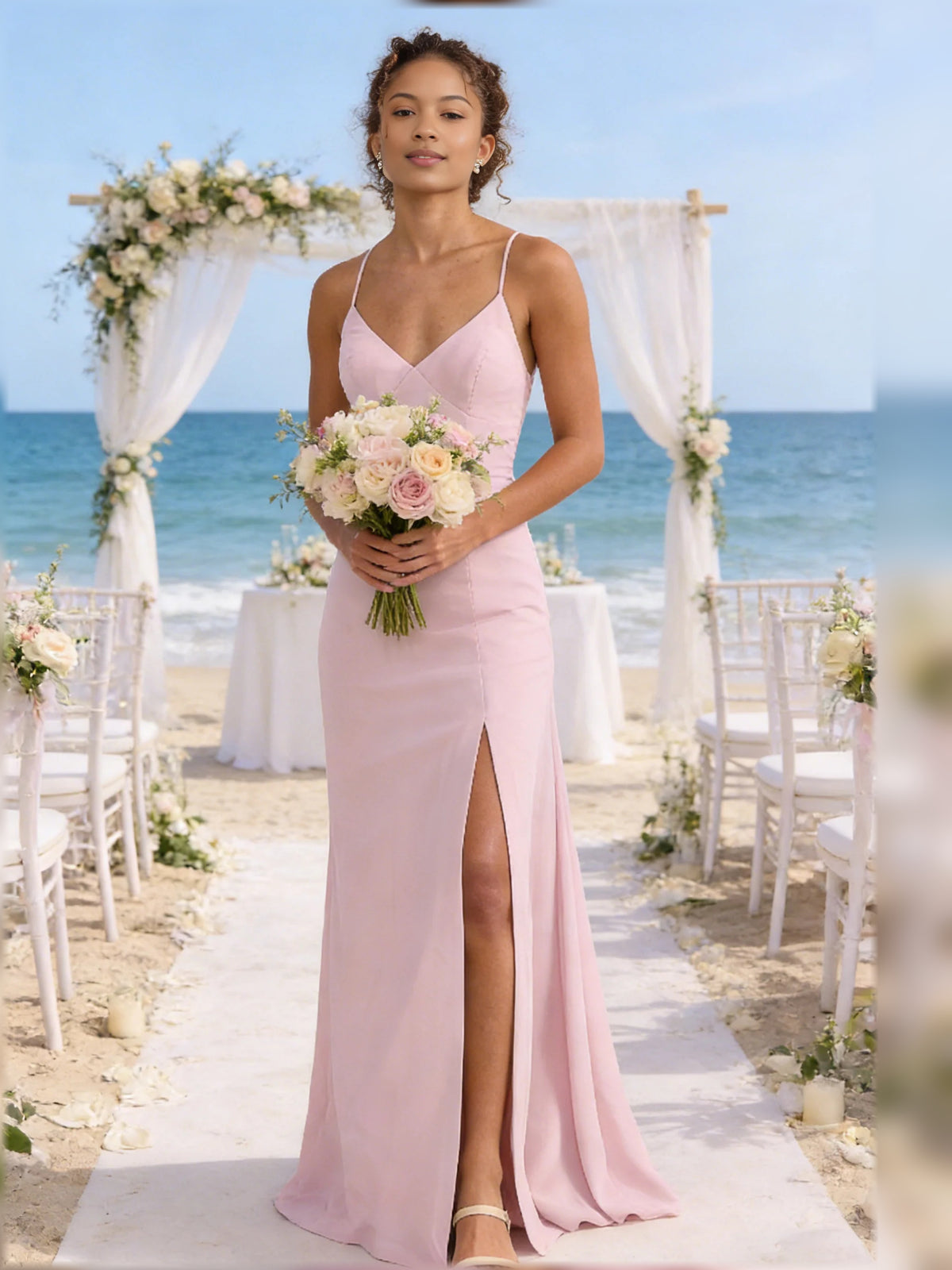 Pink maxi bridesmaid dress, alternate view showing the full-length profile
